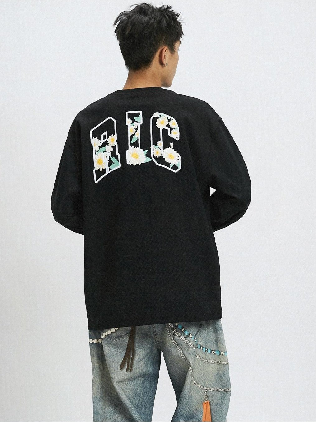 RickyisClown Daisy Embroidered Crew Neck Loose Fit Men's Cotton Blend Long Sleeve T-shirts