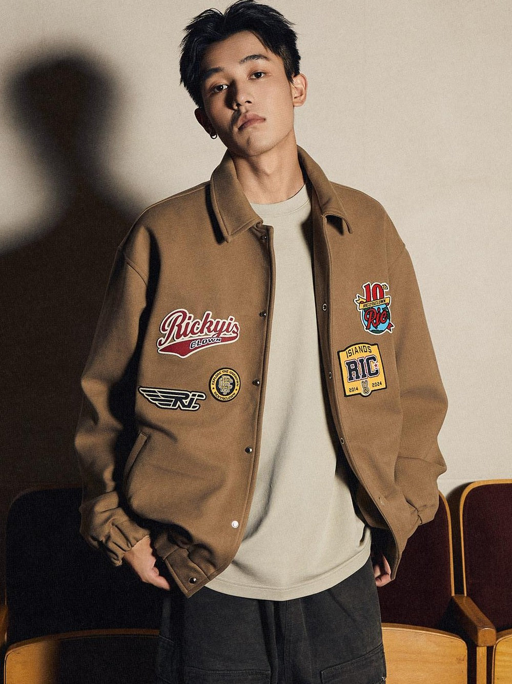 RickyisClown Embroidered Badge Turndown Collar Men's Polyester Coach Jackets