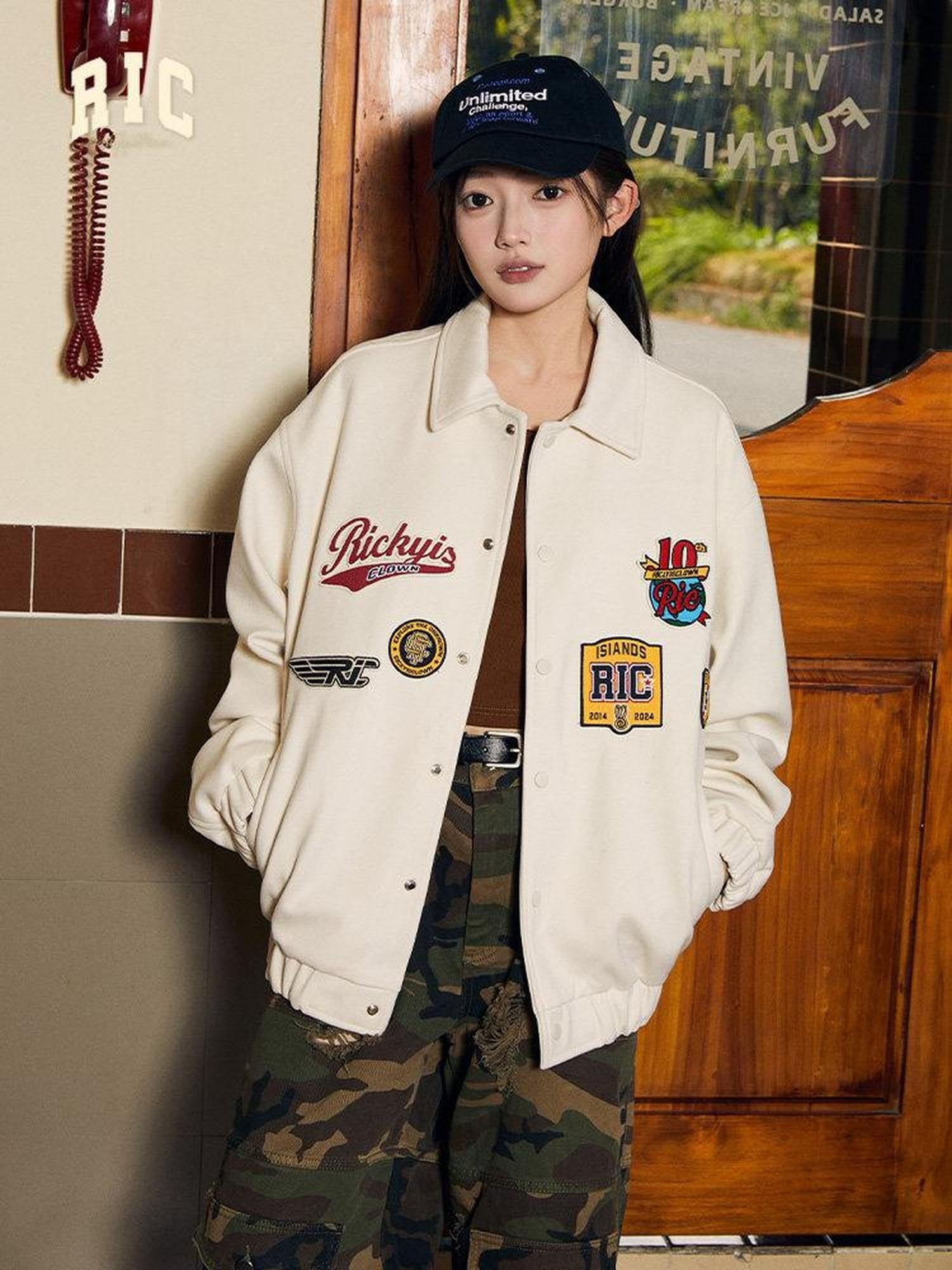 RickyisClown Embroidered Badge Turndown Collar Men's Polyester Coach Jackets