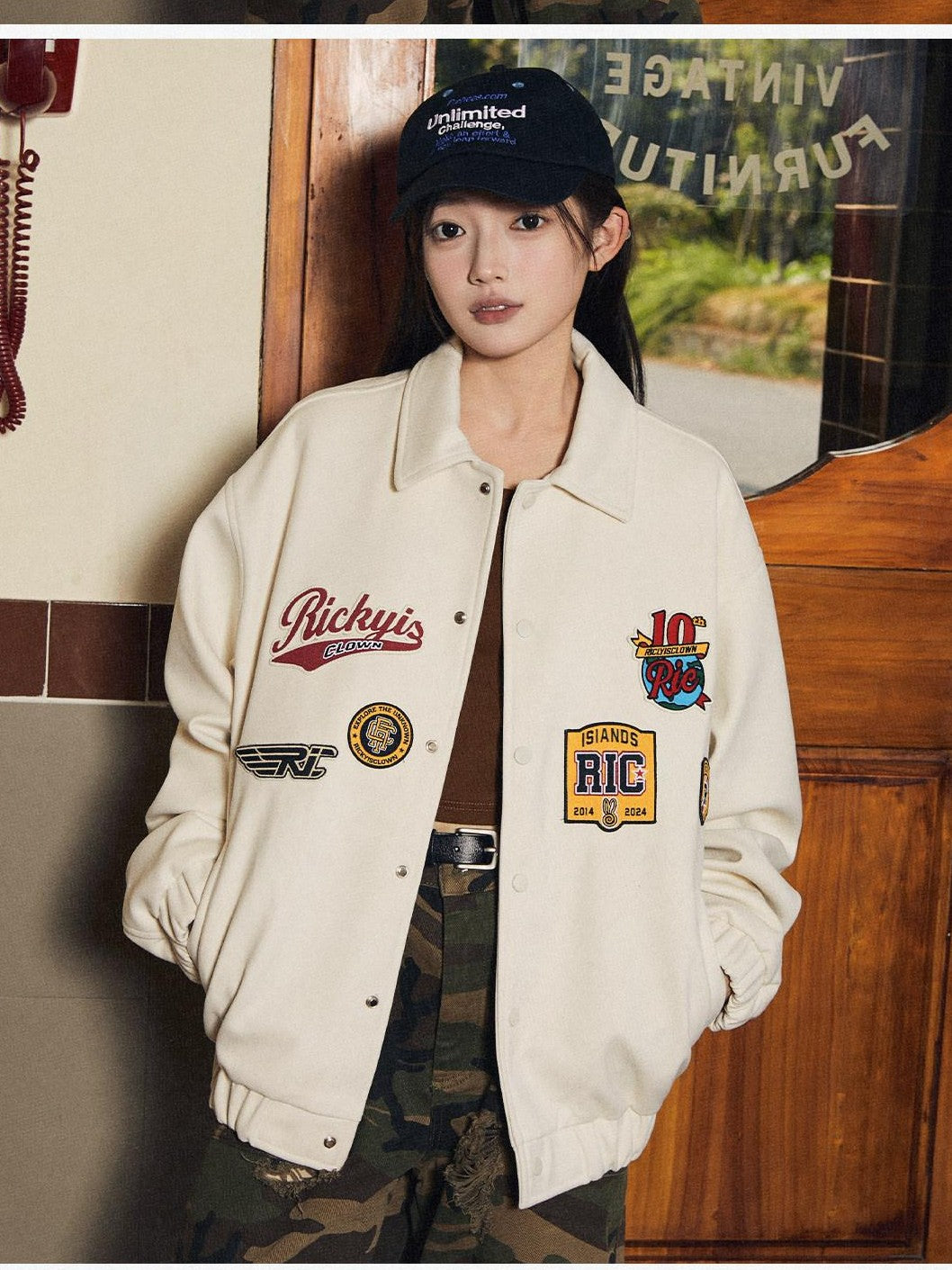 RickyisClown Embroidered Badge Turndown Collar Men's Polyester Coach Jackets