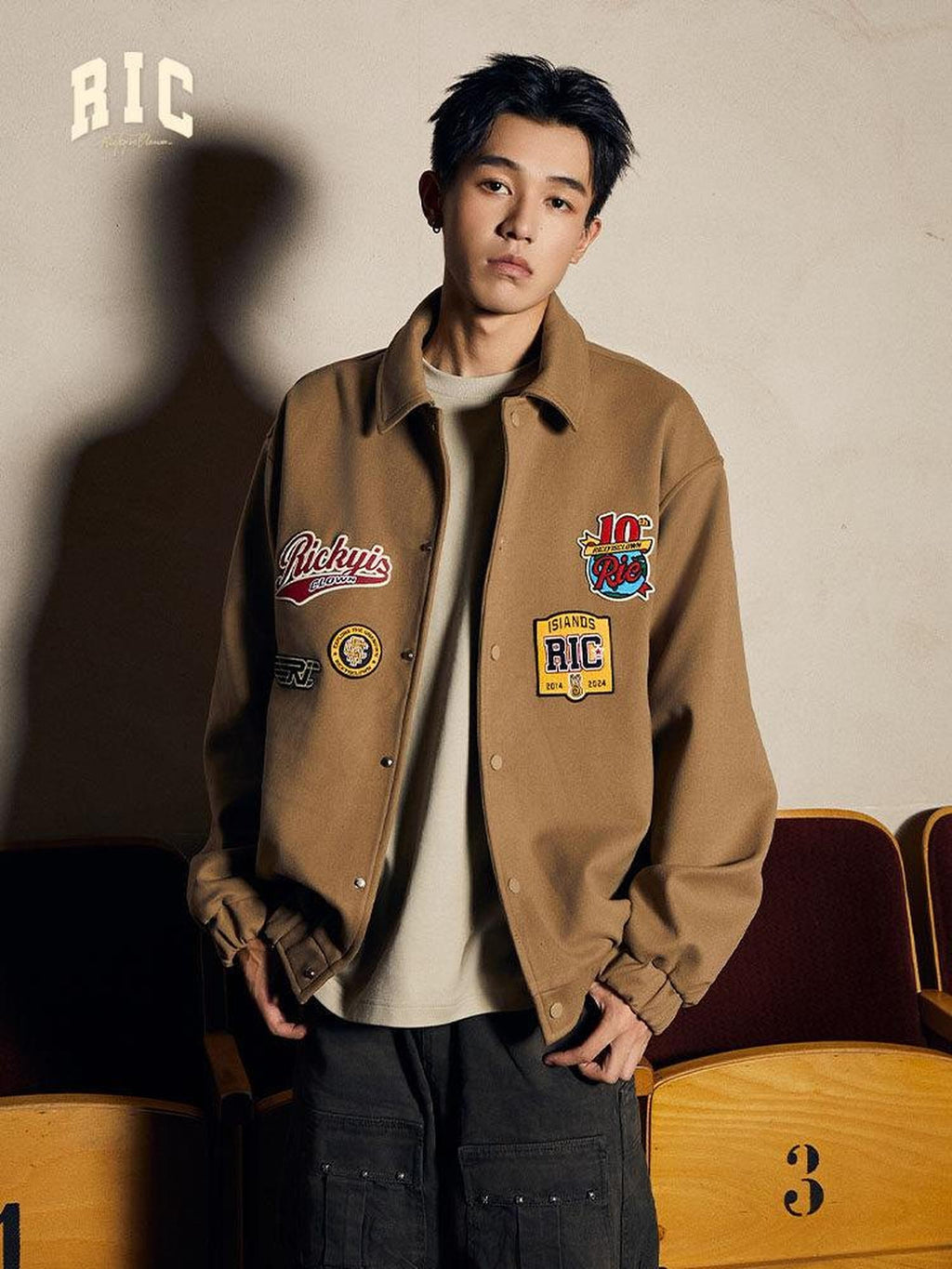 RickyisClown Embroidered Badge Turndown Collar Men's Polyester Coach Jackets