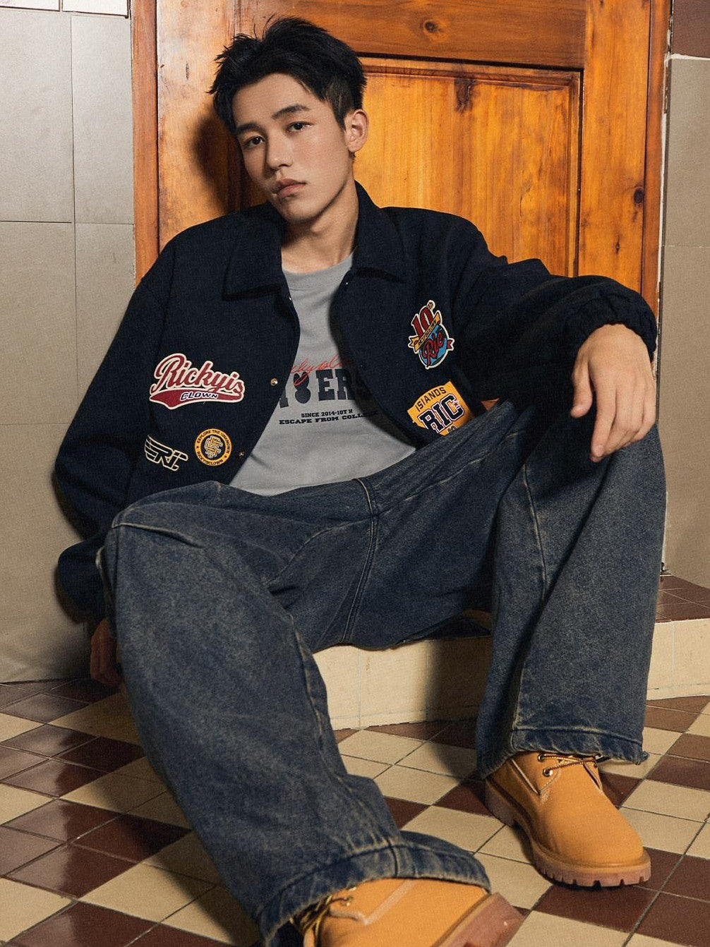 RickyisClown Embroidered Badge Turndown Collar Men's Polyester Coach Jackets