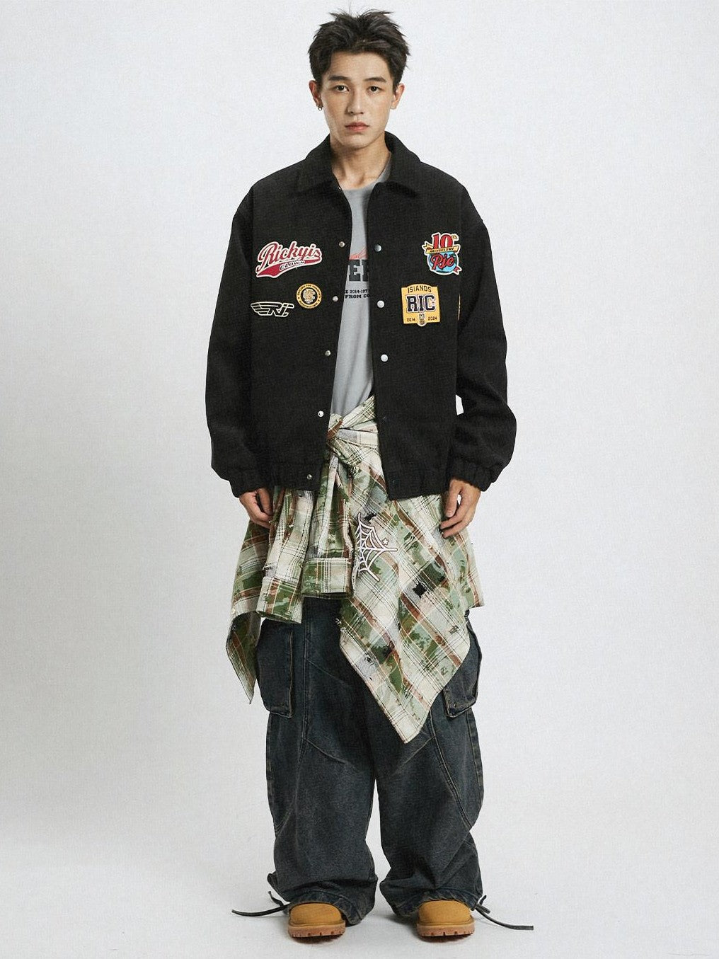 RickyisClown Embroidered Badge Turndown Collar Men's Polyester Coach Jackets