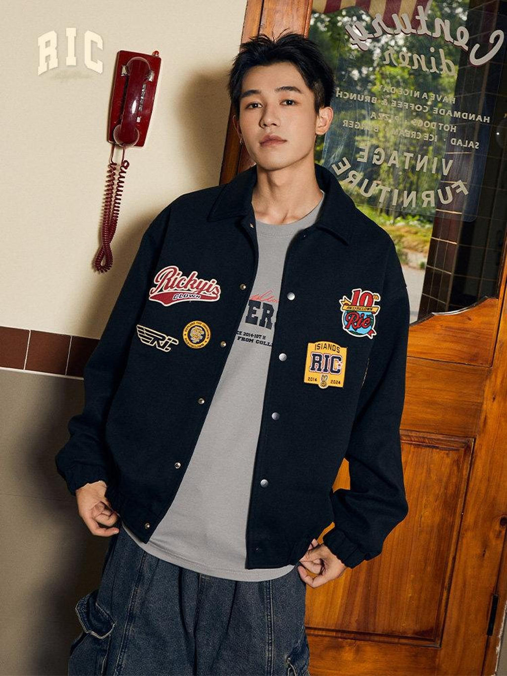 RickyisClown Embroidered Badge Turndown Collar Men's Polyester Coach Jackets