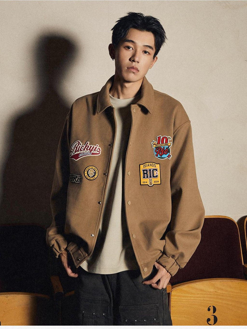 RickyisClown Embroidered Badge Turndown Collar Men's Polyester Coach Jackets