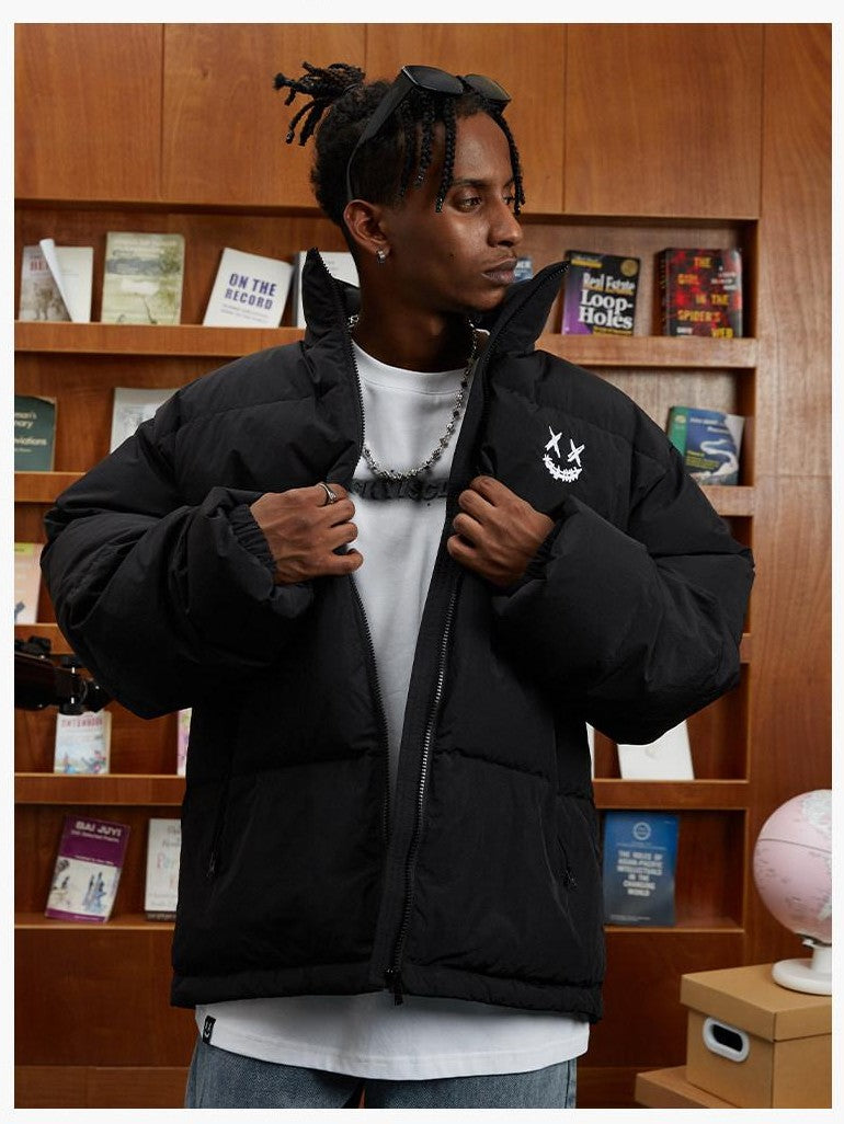 RickyisClown Embroidered Ripped Smiley Stand Collar Men's Nylon Down Jackets
