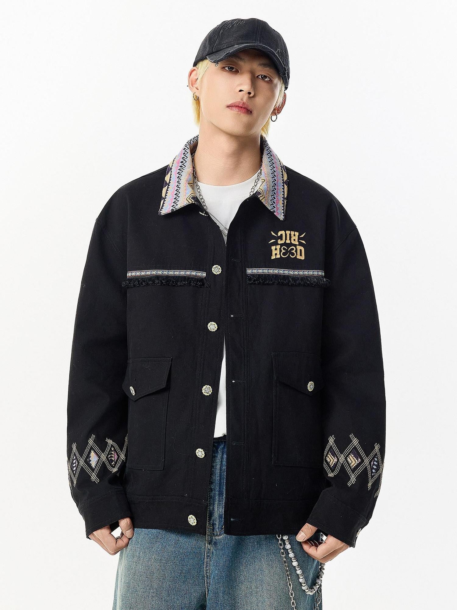 RickyisClown Ethnic Pattern Turn Down Collar Oversized Men's Detroit Coach Jackets