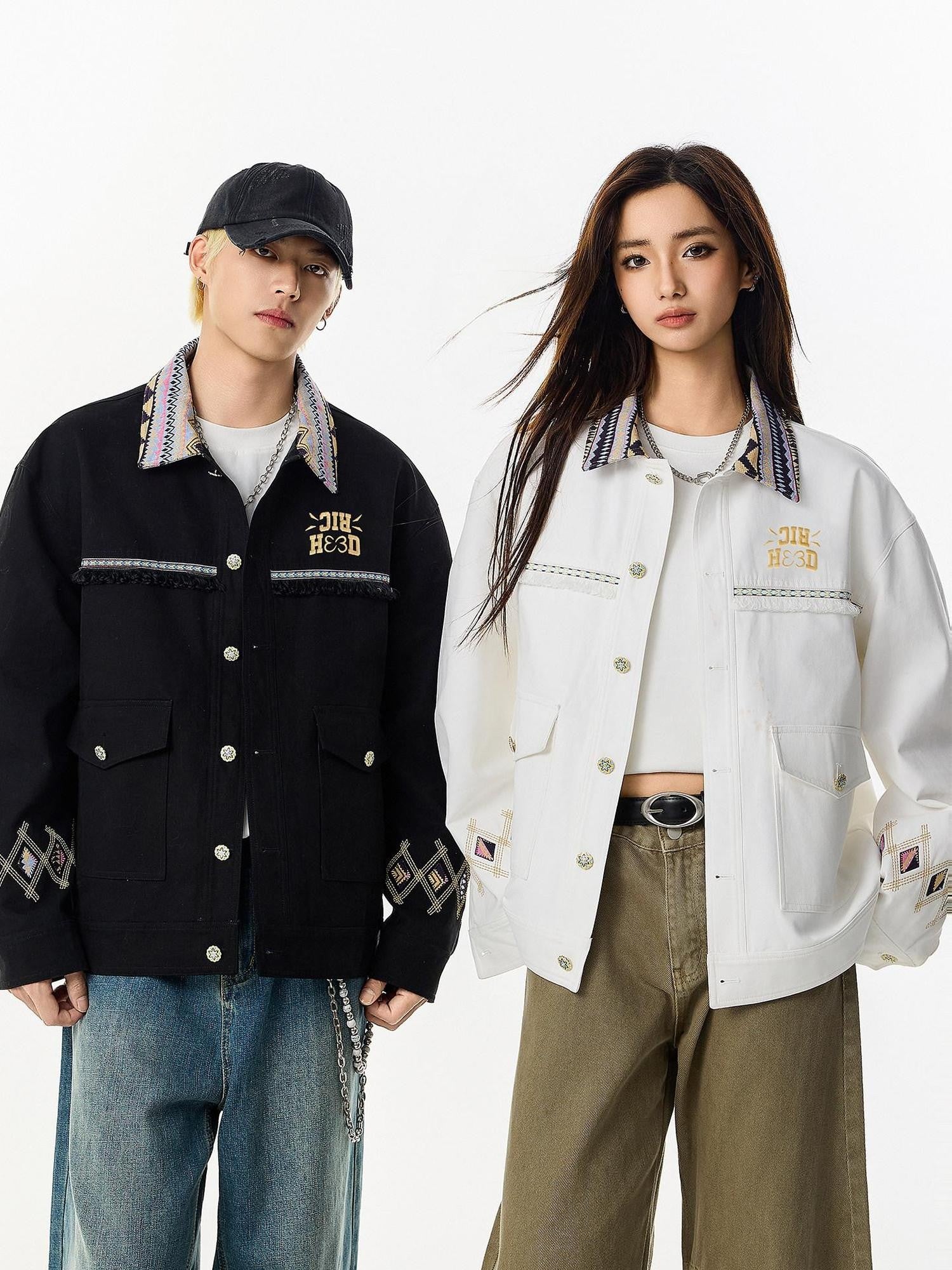 RickyisClown Ethnic Pattern Turn Down Collar Oversized Men's Detroit Coach Jackets