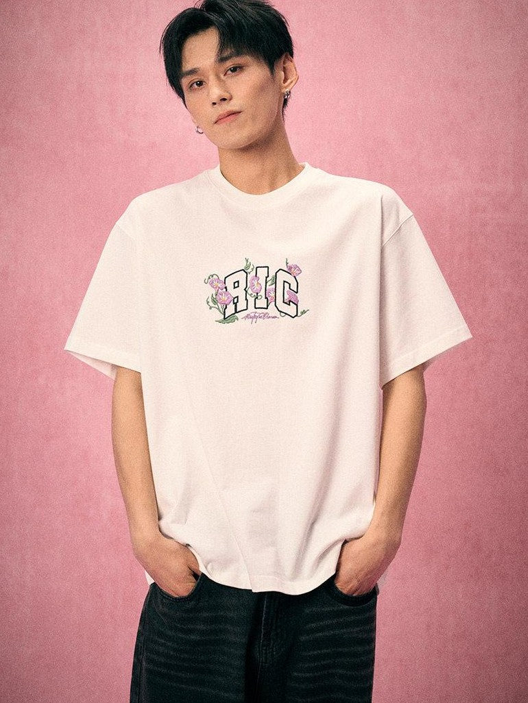 RickyisClown Floral Embroidered Crew Neck Loose Fit Men's Cotton Short Sleeve T-shirts