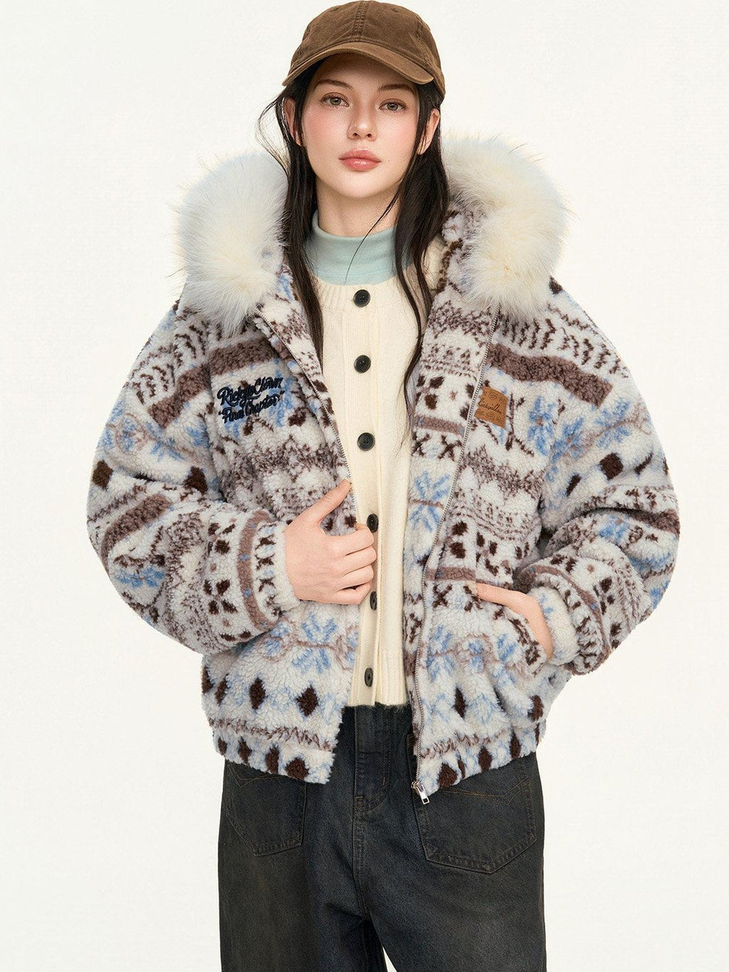 RickyisClown Floral Hooded Zipper Lambswool Men's Polyester Fleece Jackets