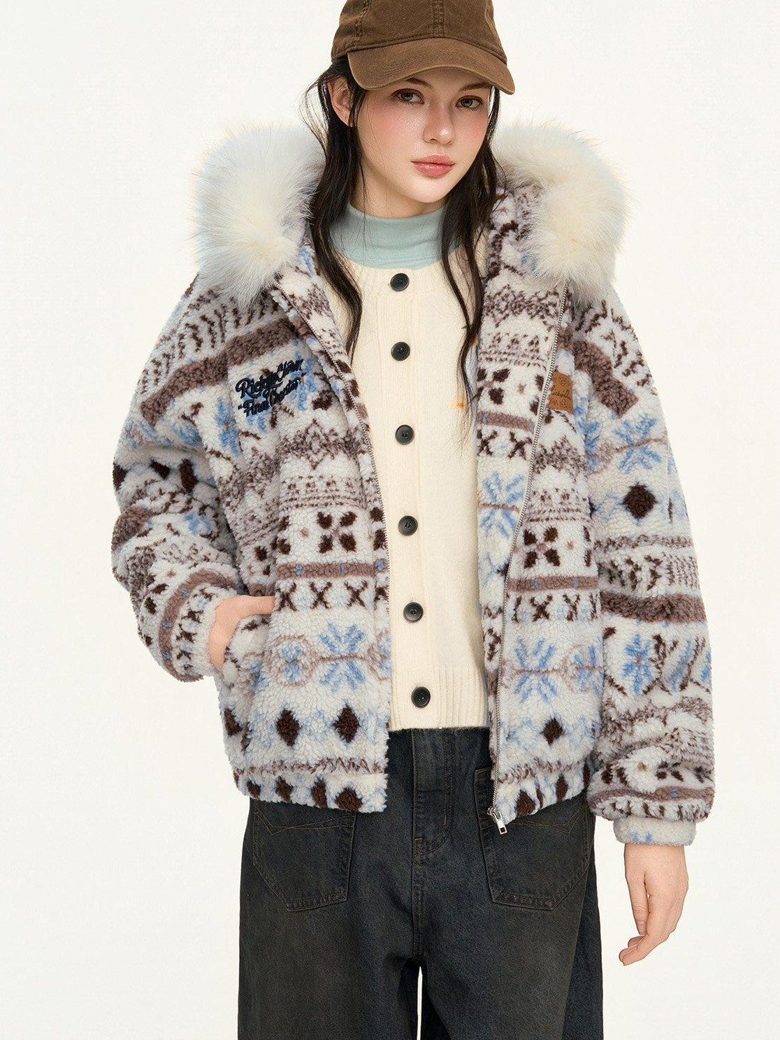 RickyisClown Floral Hooded Zipper Lambswool Men's Polyester Fleece Jackets