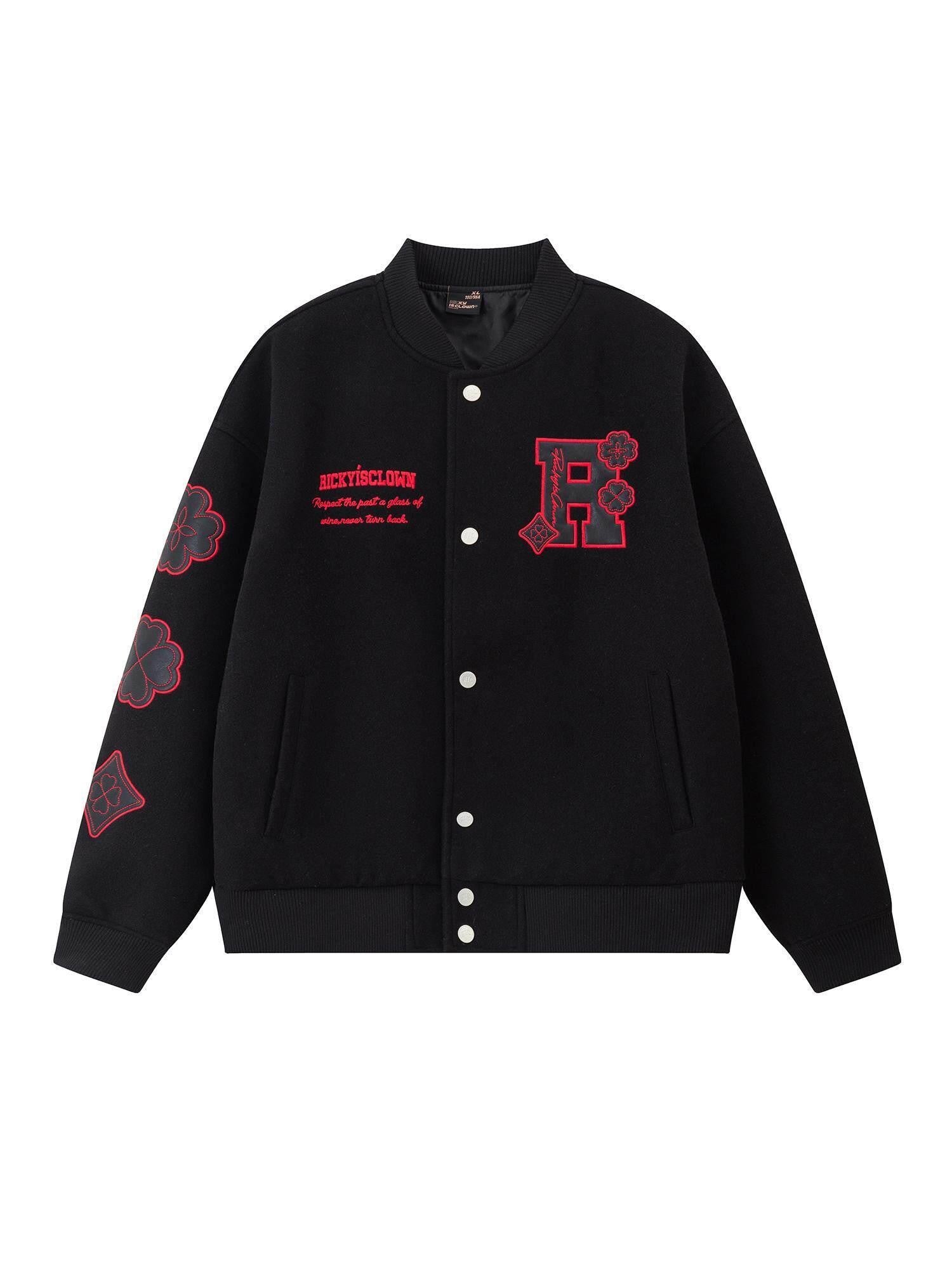 RickyisClown Four Leaf Clover Applique Embroidered Men's Polyester Varsity Jackets