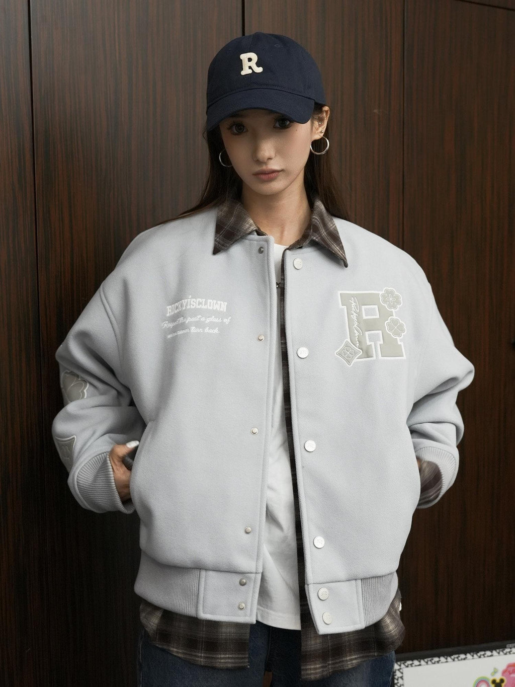 RickyisClown Four Leaf Clover Applique Embroidered Men's Polyester Varsity Jackets