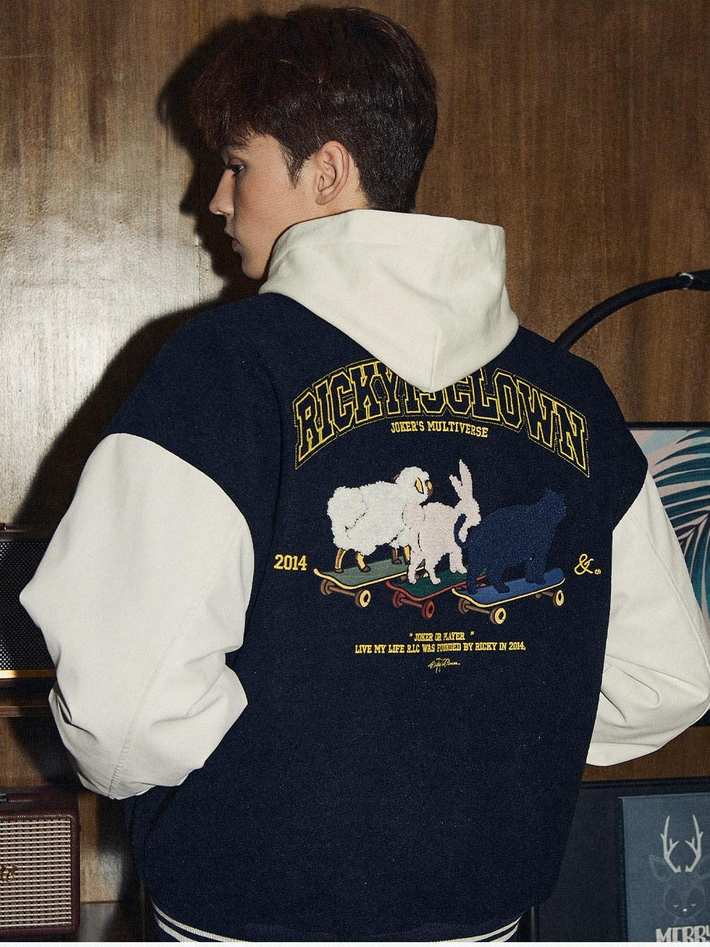 RickyisClown Friends Embroidered Baseball Collar Loose Men's Polyester Varsity Jackets