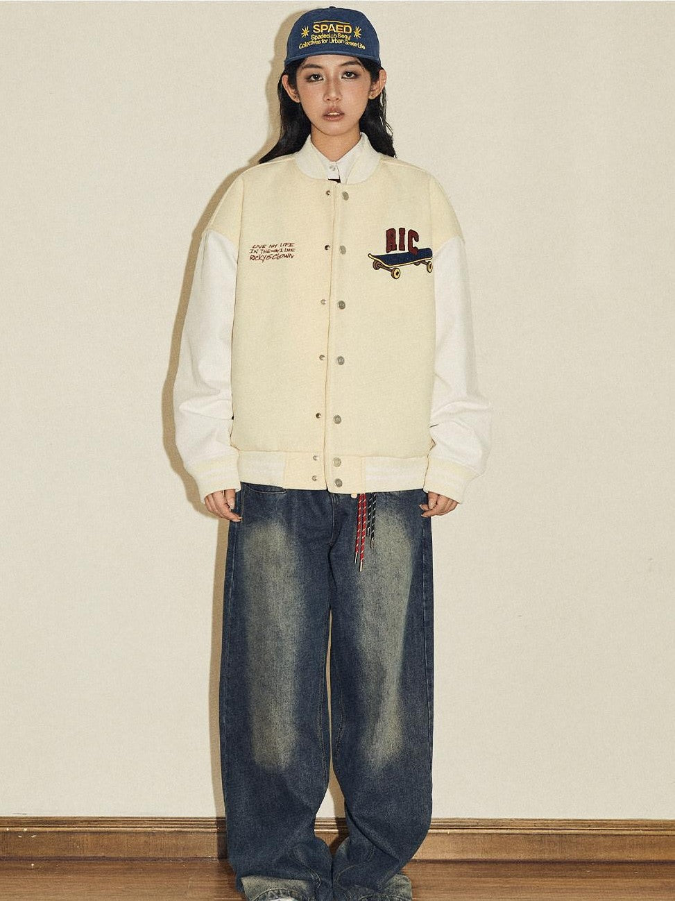 RickyisClown Friends Embroidered Baseball Collar Loose Men's Polyester Varsity Jackets