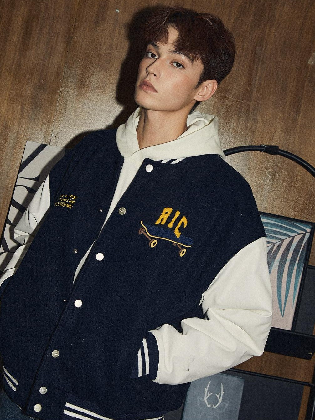 RickyisClown Friends Embroidered Baseball Collar Loose Men's Polyester Varsity Jackets