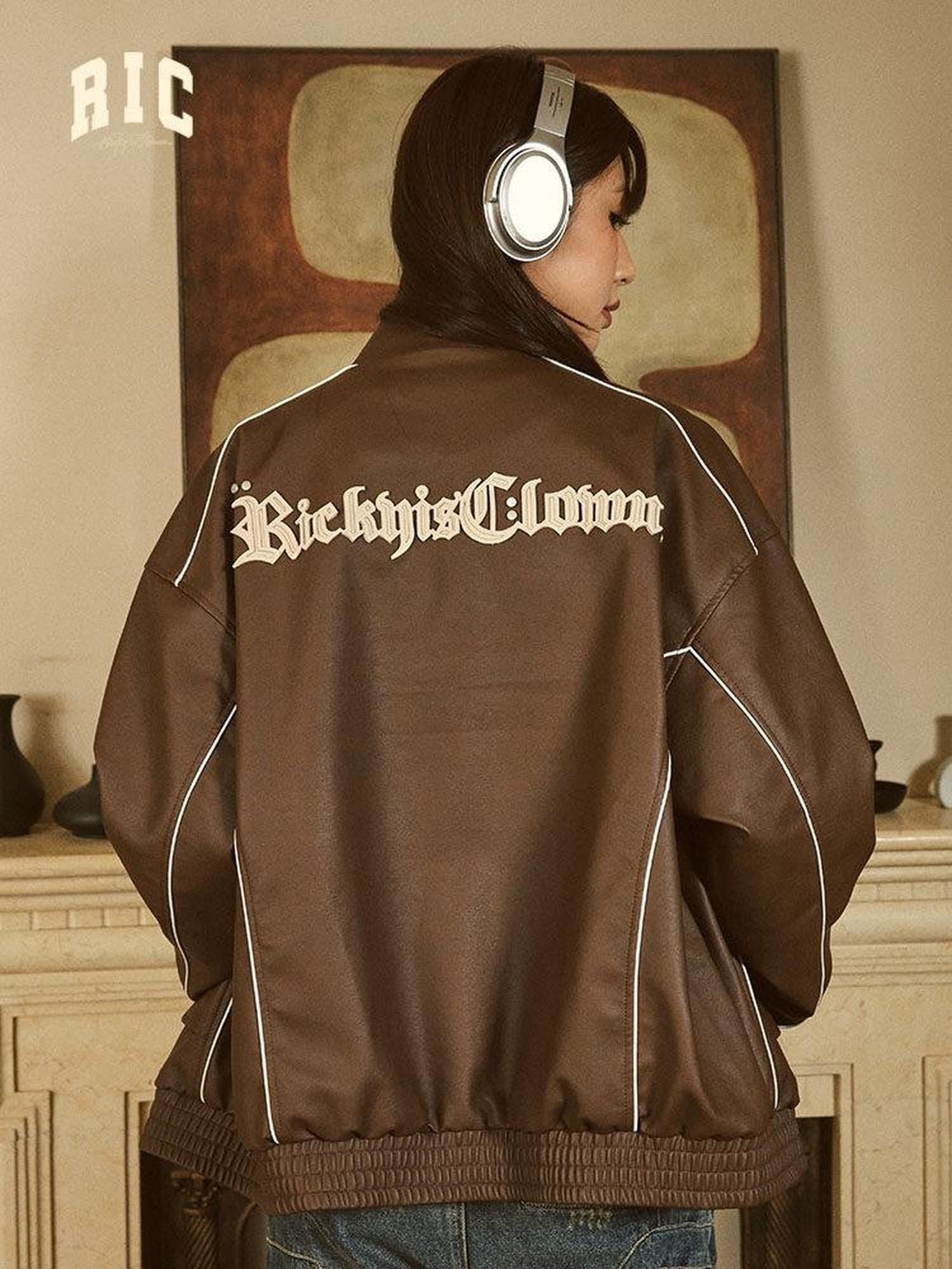 RickyisClown Gothic Rabbit Retro Racer Loose Fit Men's Pu Leather Jackets
