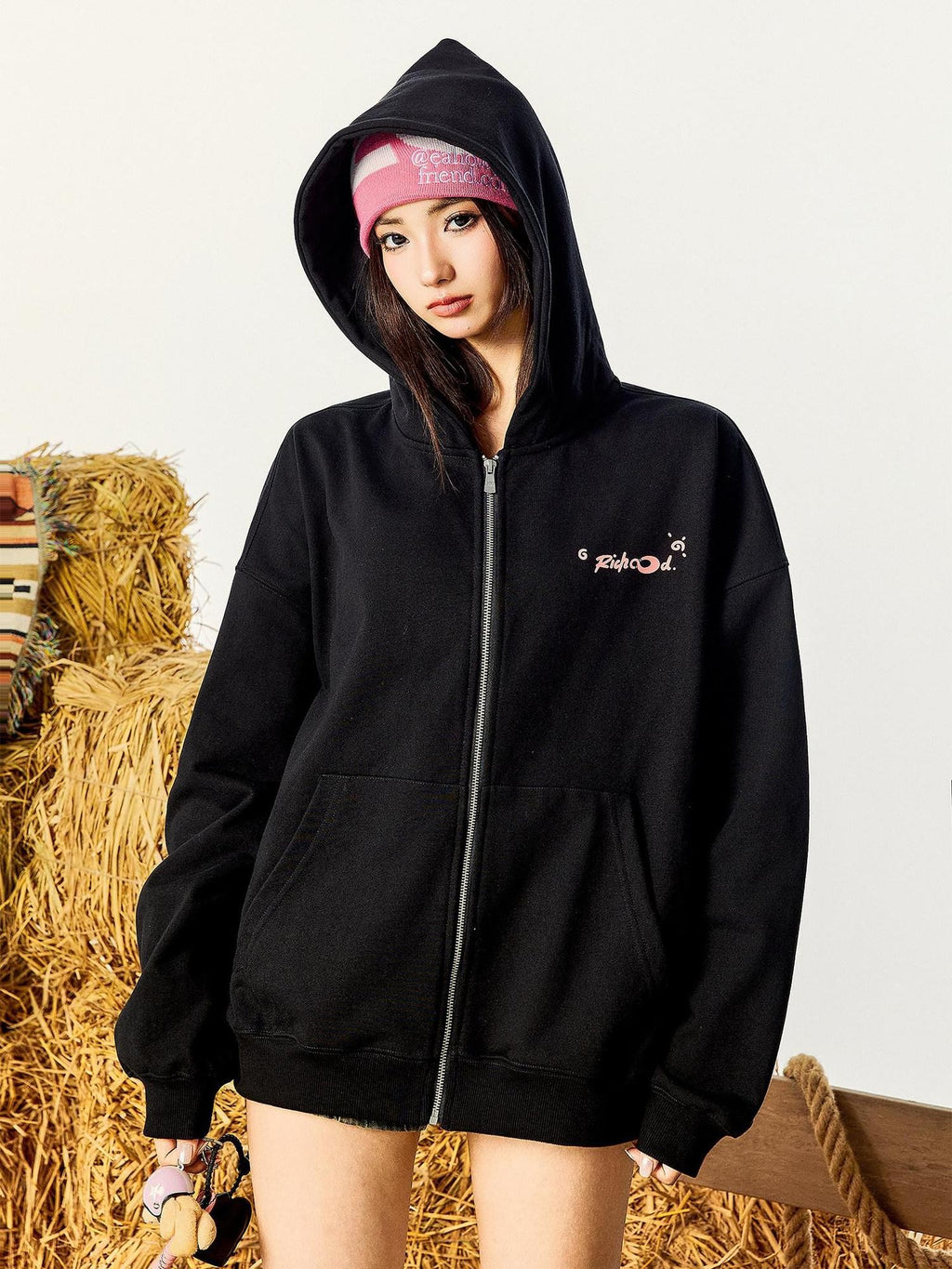 RickyisClown Graffiti Print Hooded Oversized Men's Knitted Cotton Blend Zip-up Hoodies