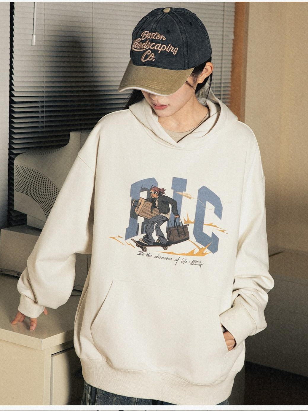 RickyisClown Gray Apricot Character Graphic Print Men's Cotton Blend Pullover Hoodies