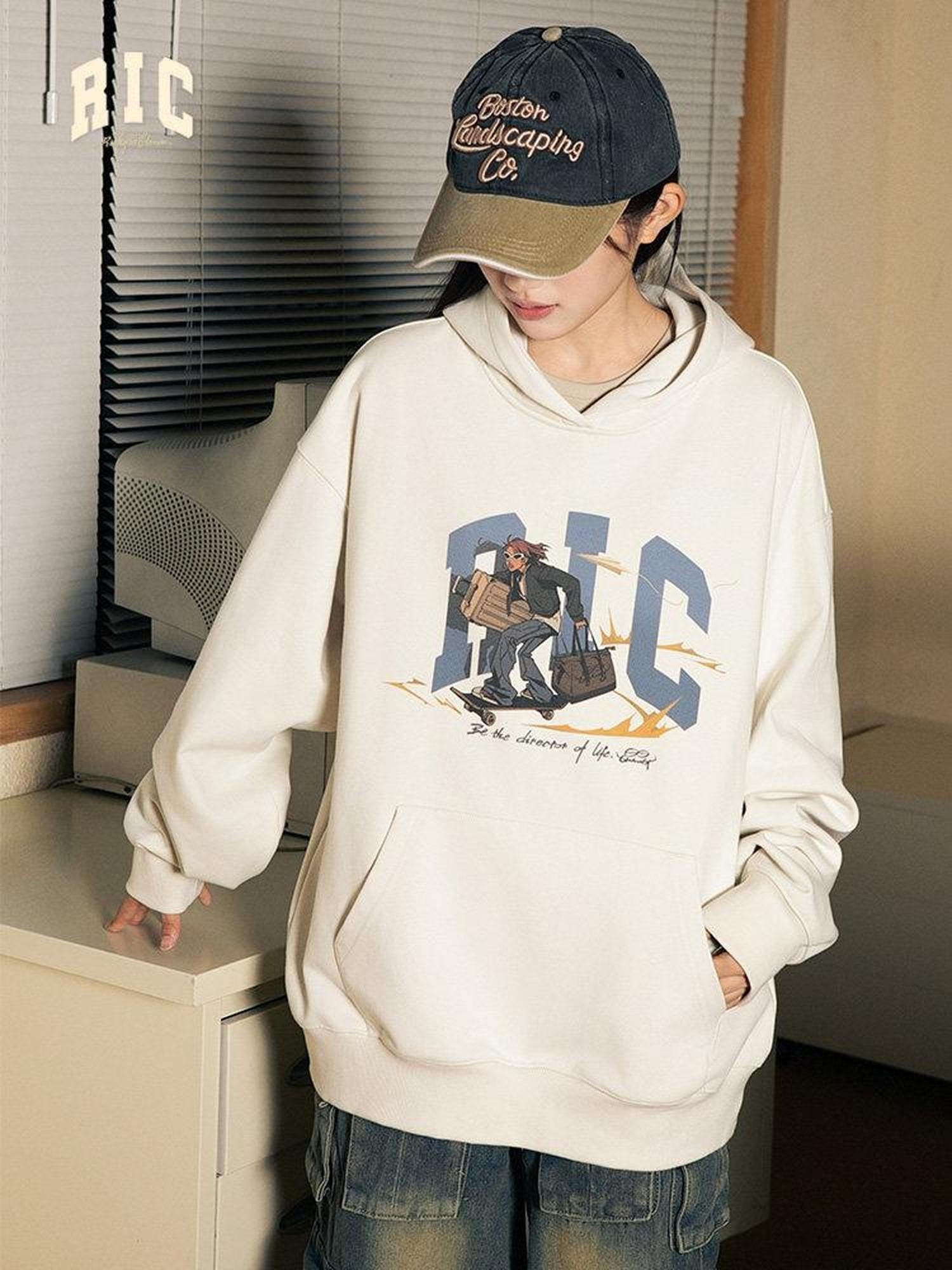 RickyisClown Gray Apricot Character Graphic Print Men's Cotton Blend Pullover Hoodies