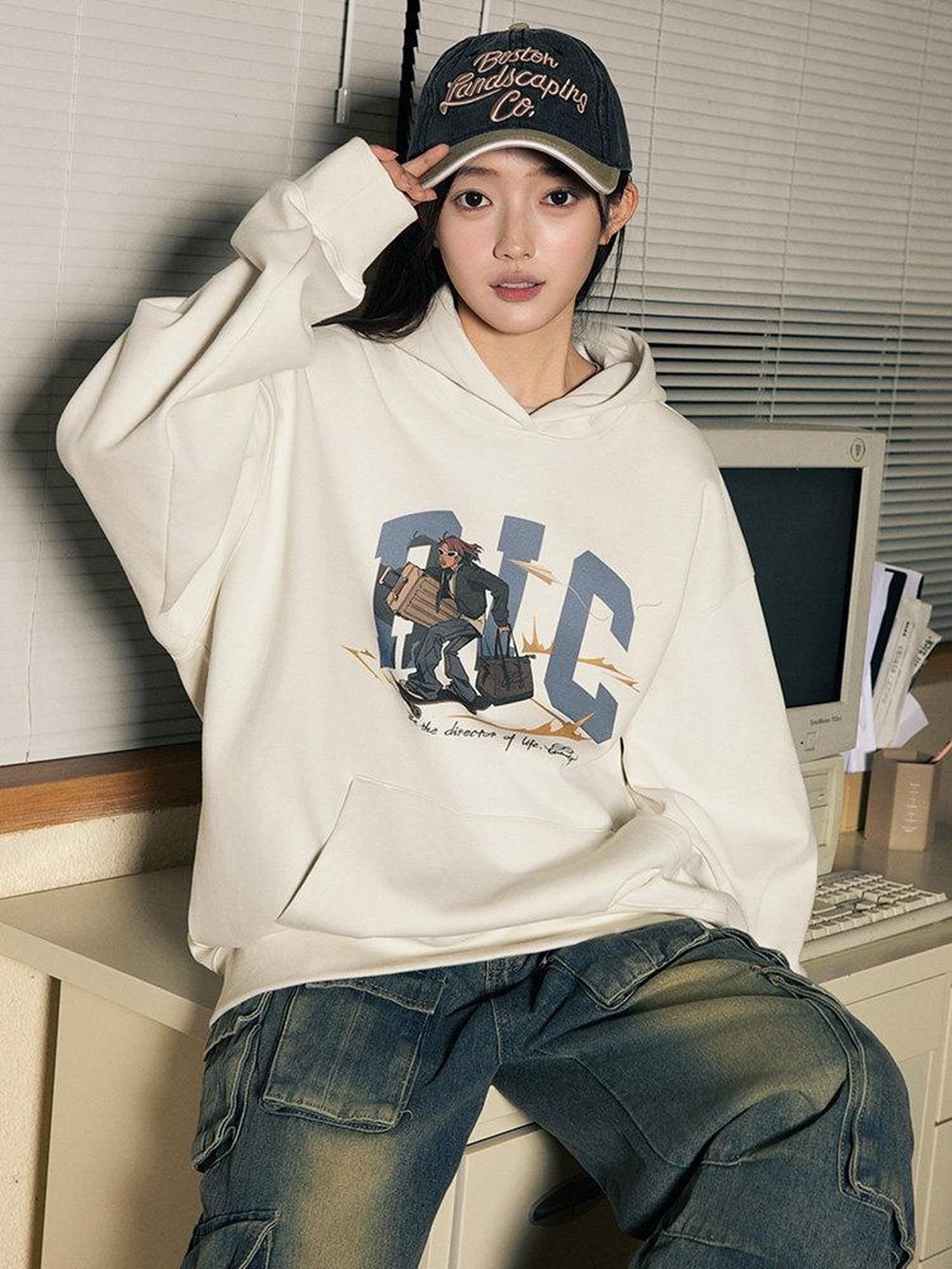 RickyisClown Gray Apricot Character Graphic Print Men's Cotton Blend Pullover Hoodies