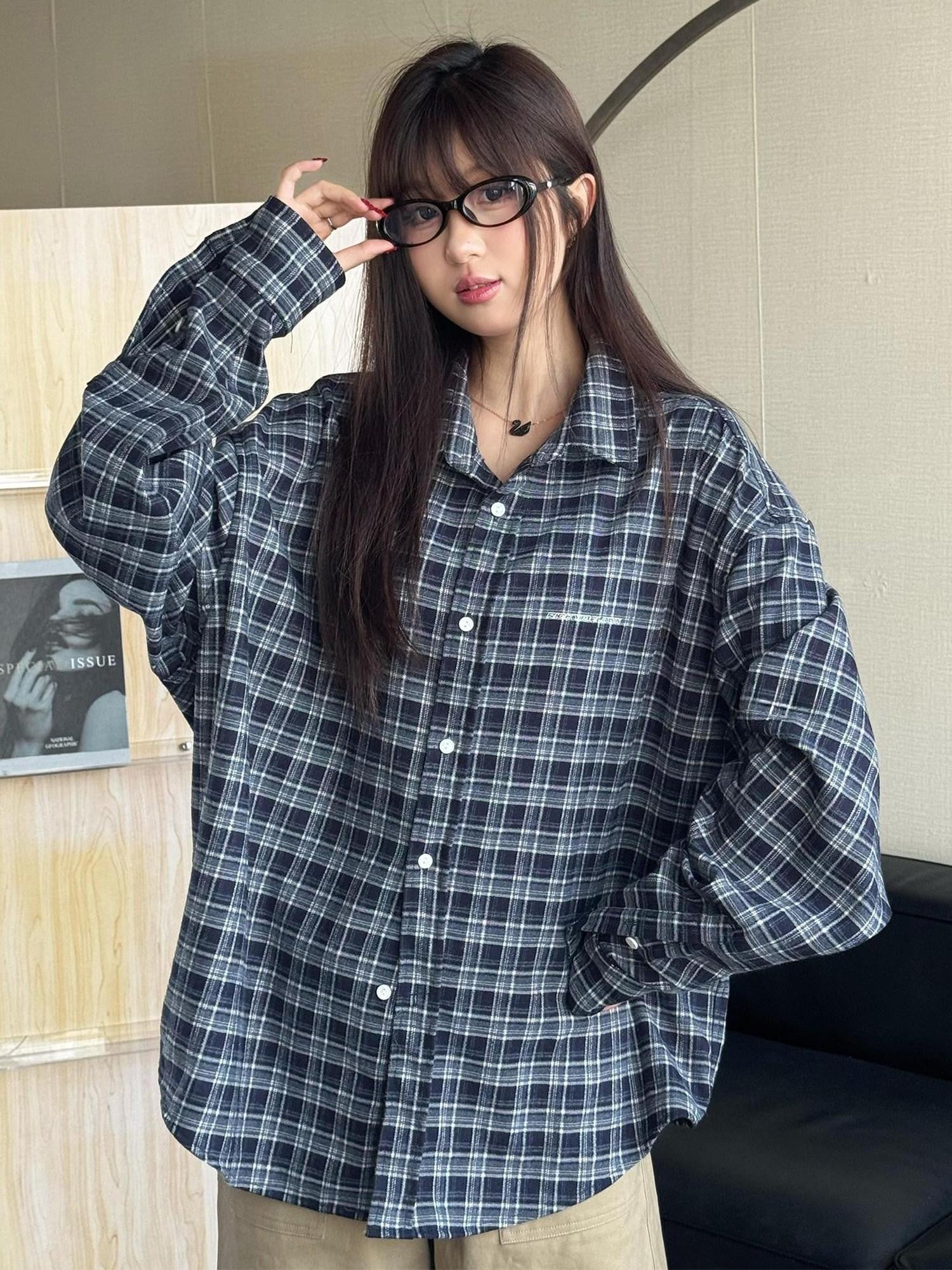 RickyisClown Hand Painted Plaid Casual Loose Relaxed Long Sleeve Men's Dress Shirts