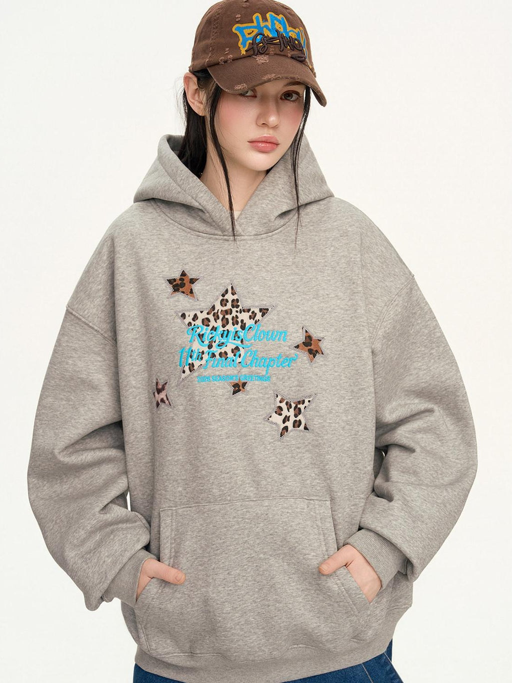 RickyisClown Heather Gray Leopard Star Applique Men's Cotton Blend Pullover Hoodies