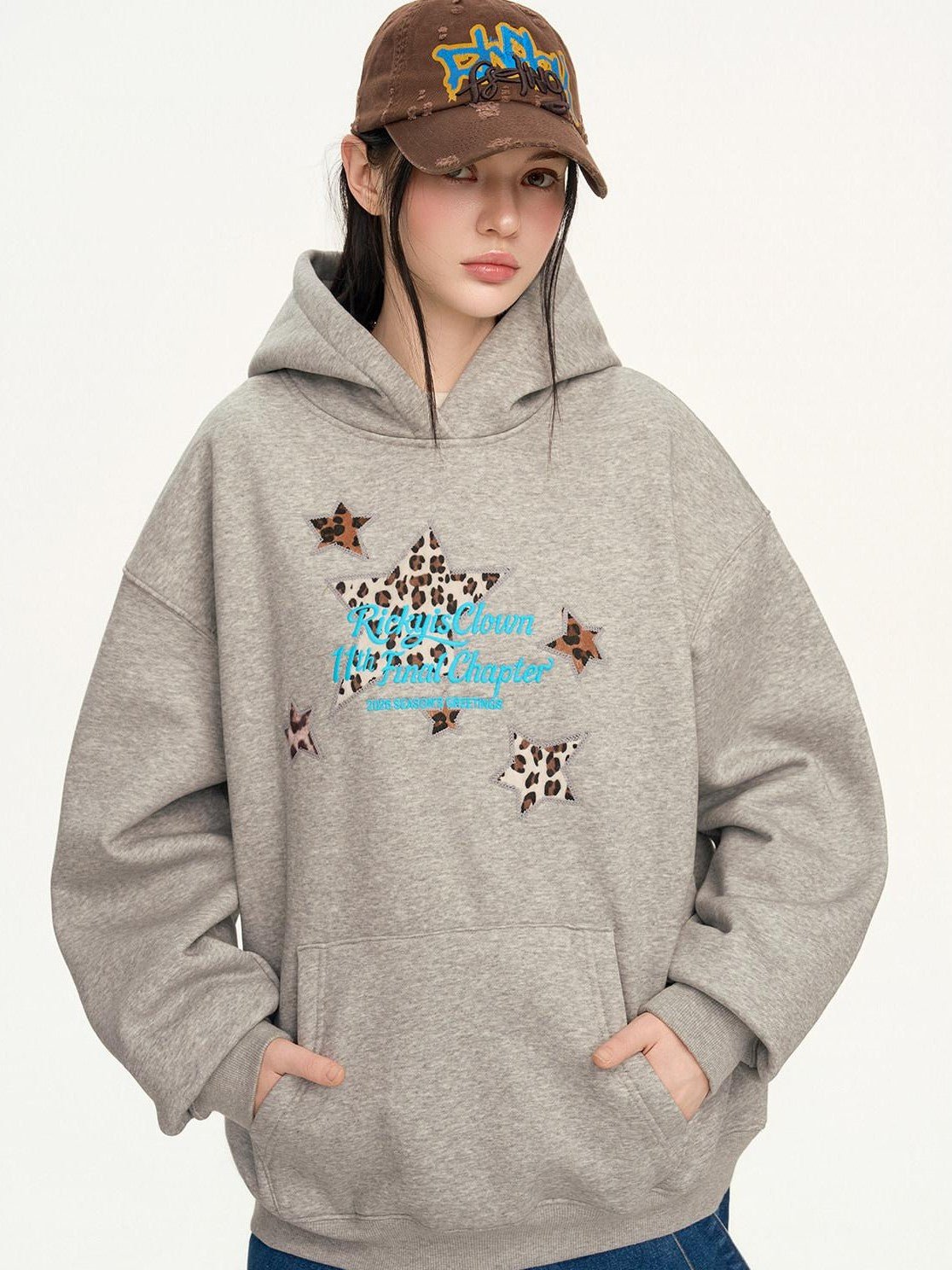 RickyisClown Heather Gray Leopard Star Applique Men's Cotton Blend Pullover Hoodies