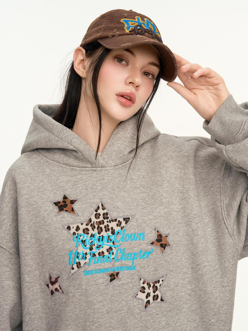 RickyisClown Heather Gray Leopard Star Applique Men's Cotton Blend Pullover Hoodies