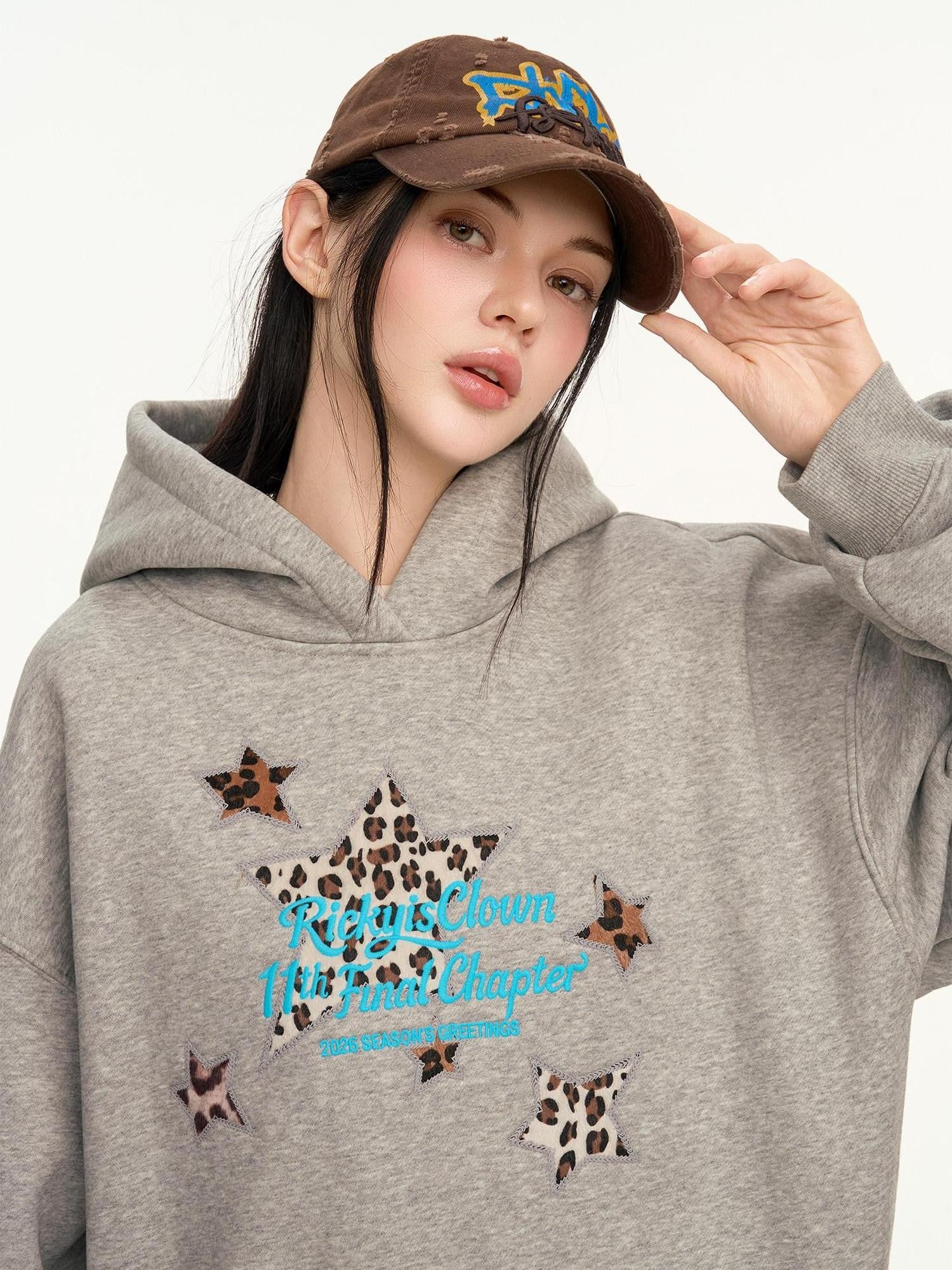 RickyisClown Heather Gray Leopard Star Applique Men's Cotton Blend Pullover Hoodies
