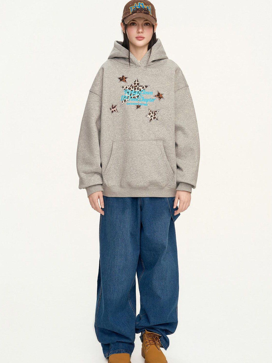 RickyisClown Heather Gray Leopard Star Applique Men's Cotton Blend Pullover Hoodies