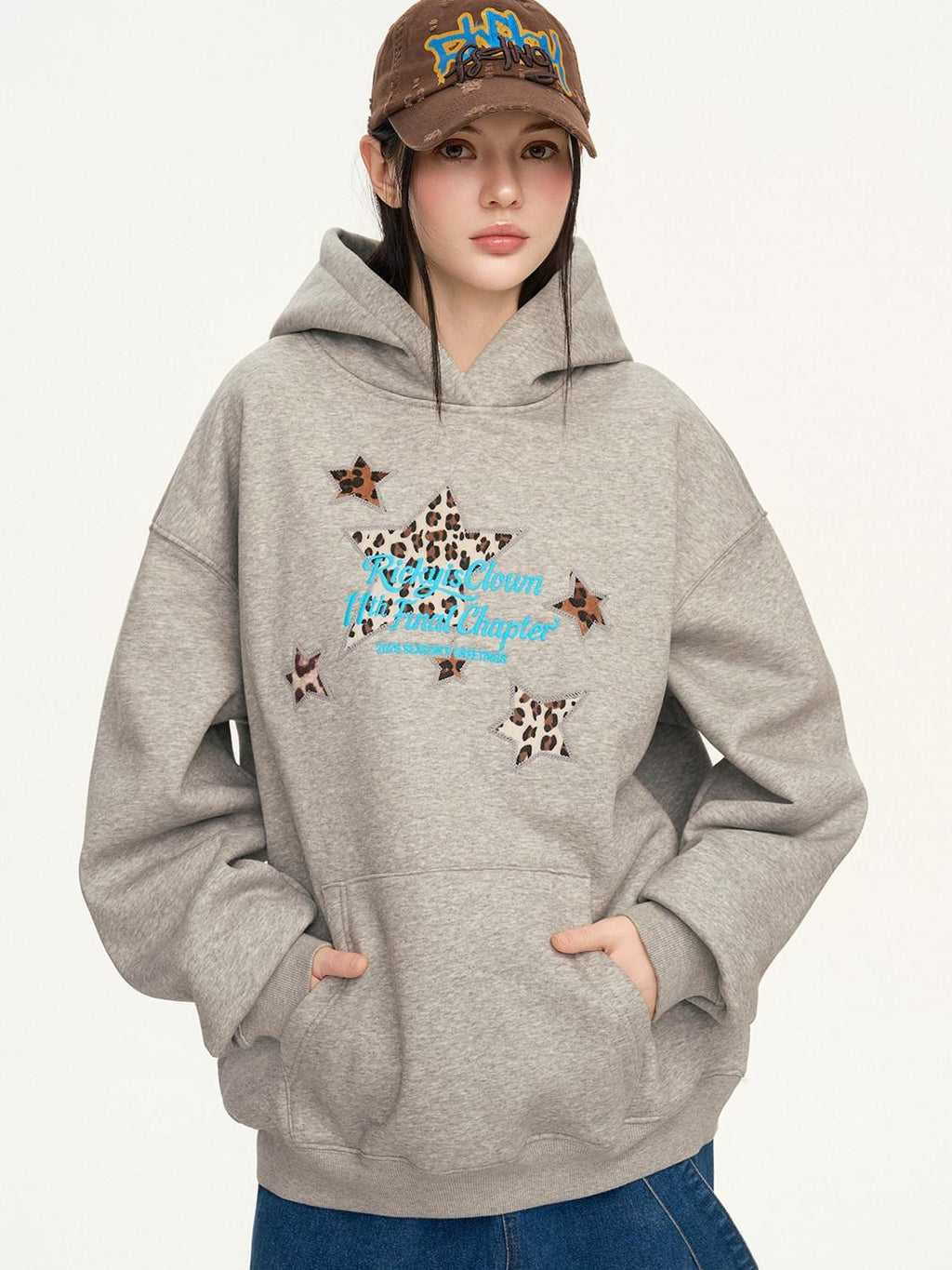 RickyisClown Heather Gray Leopard Star Applique Men's Cotton Blend Pullover Hoodies