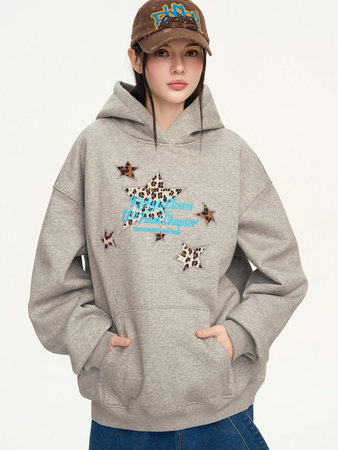 RickyisClown Heather Gray Leopard Star Applique Men's Cotton Blend Pullover Hoodies