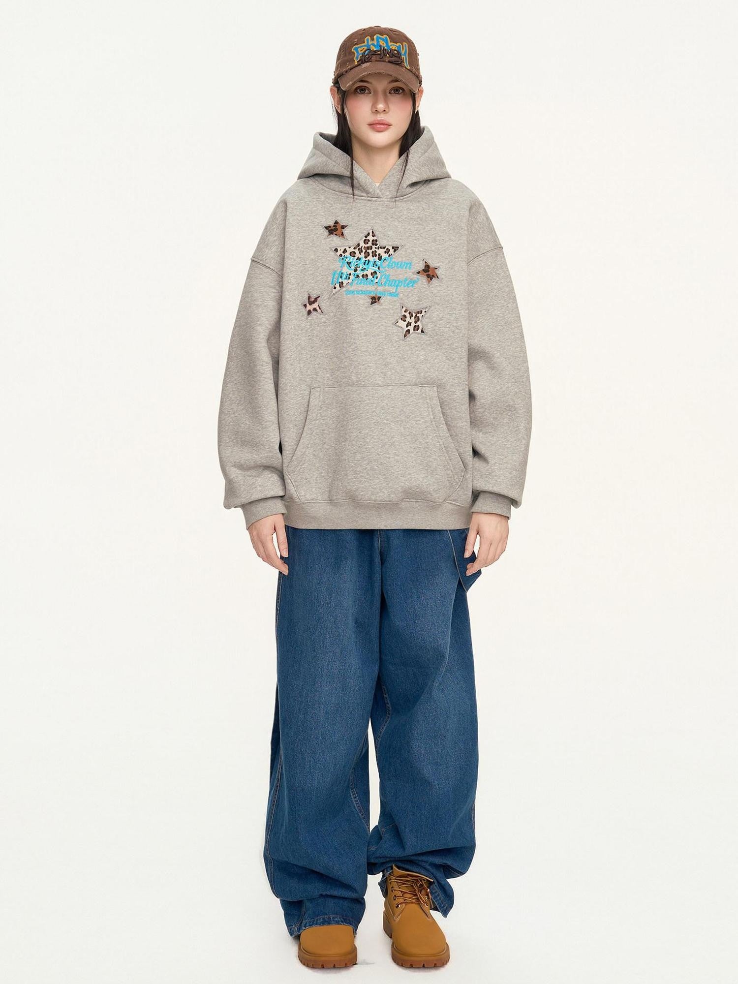 RickyisClown Heather Gray Leopard Star Applique Men's Cotton Blend Pullover Hoodies