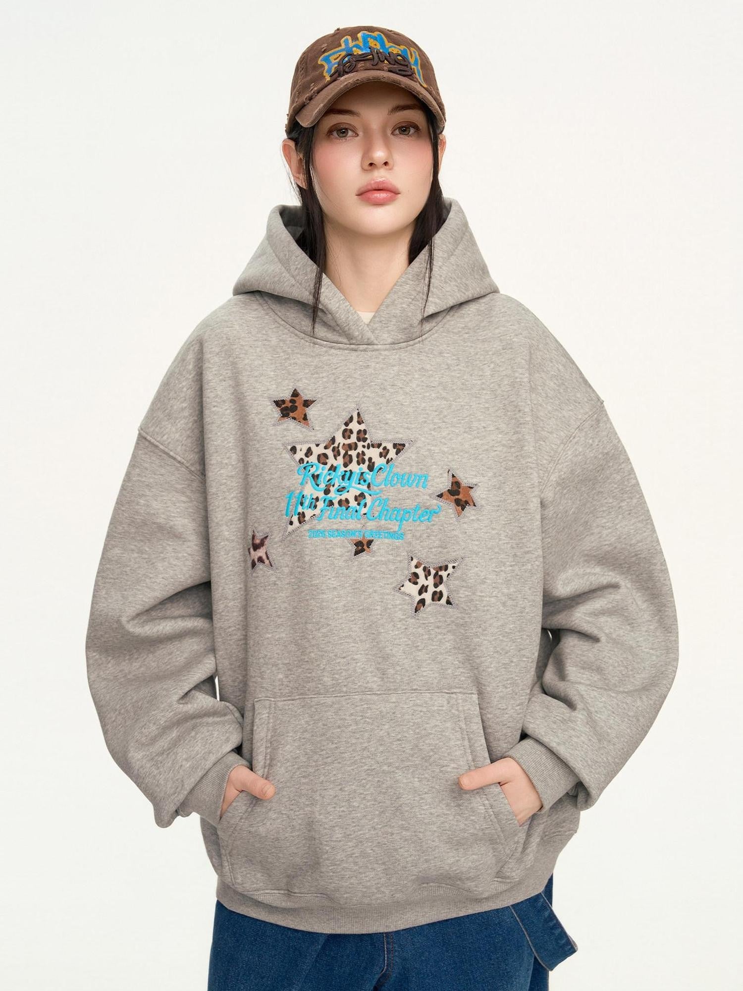 RickyisClown Heather Gray Leopard Star Applique Men's Cotton Blend Pullover Hoodies