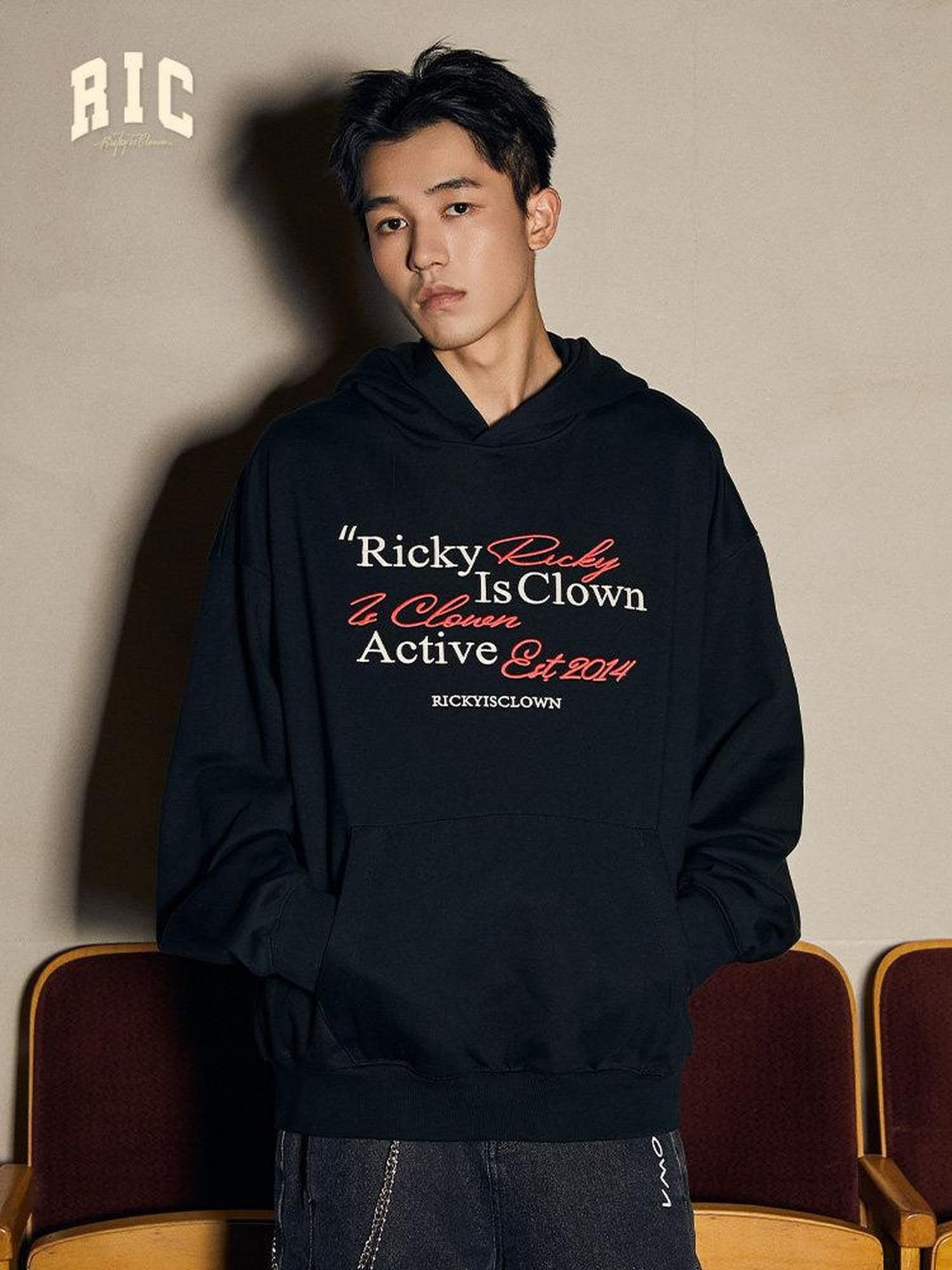 RickyisClown Heather Grey Handwritten Embroidery Hooded Men's Cotton Blend Pullover Hoodies