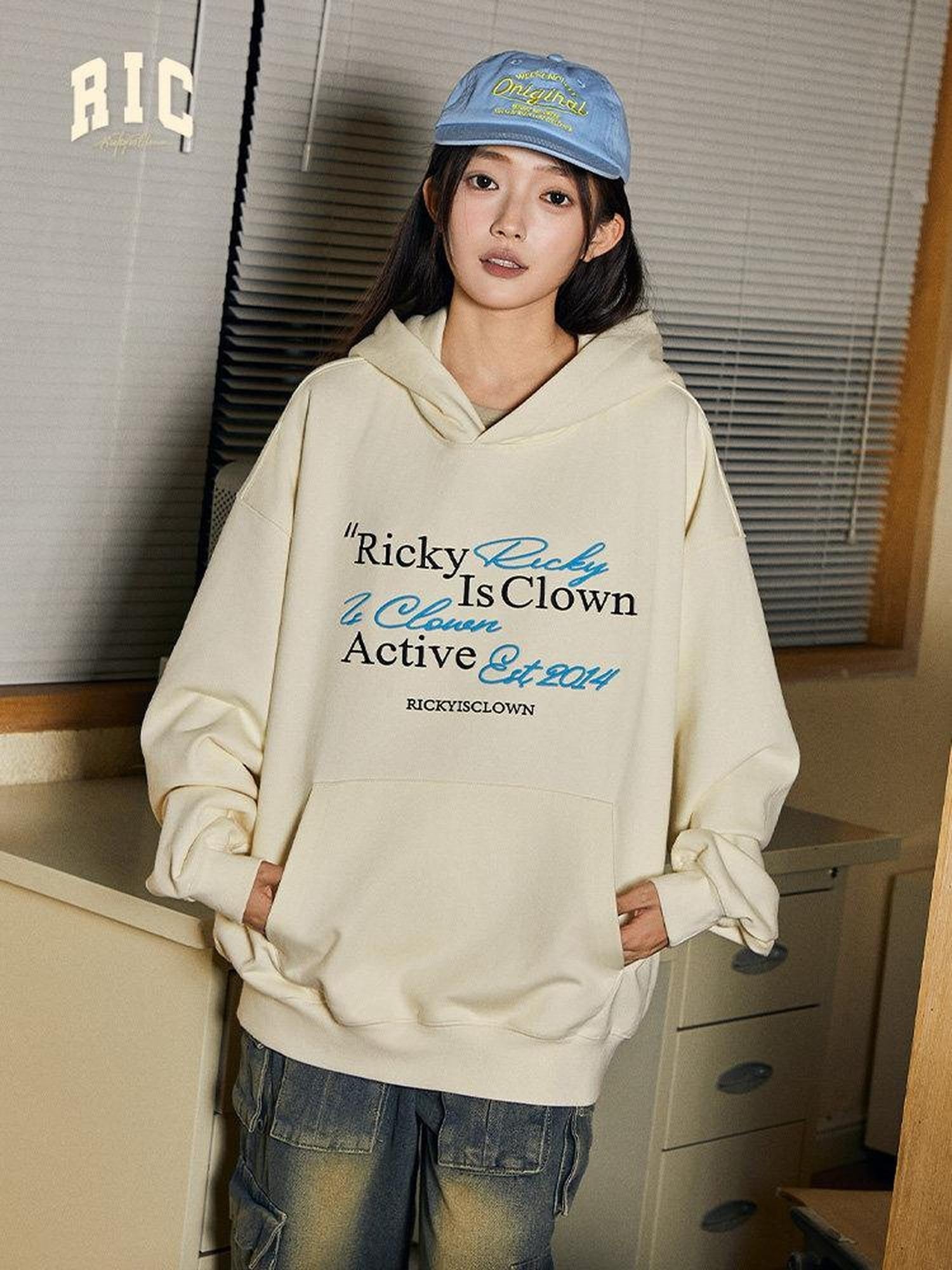 RickyisClown Heather Grey Handwritten Embroidery Hooded Men's Cotton Blend Pullover Hoodies