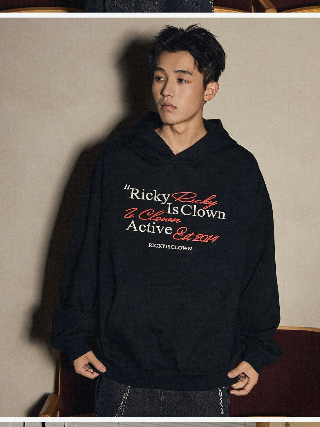 RickyisClown Heather Grey Handwritten Embroidery Hooded Men's Cotton Blend Pullover Hoodies