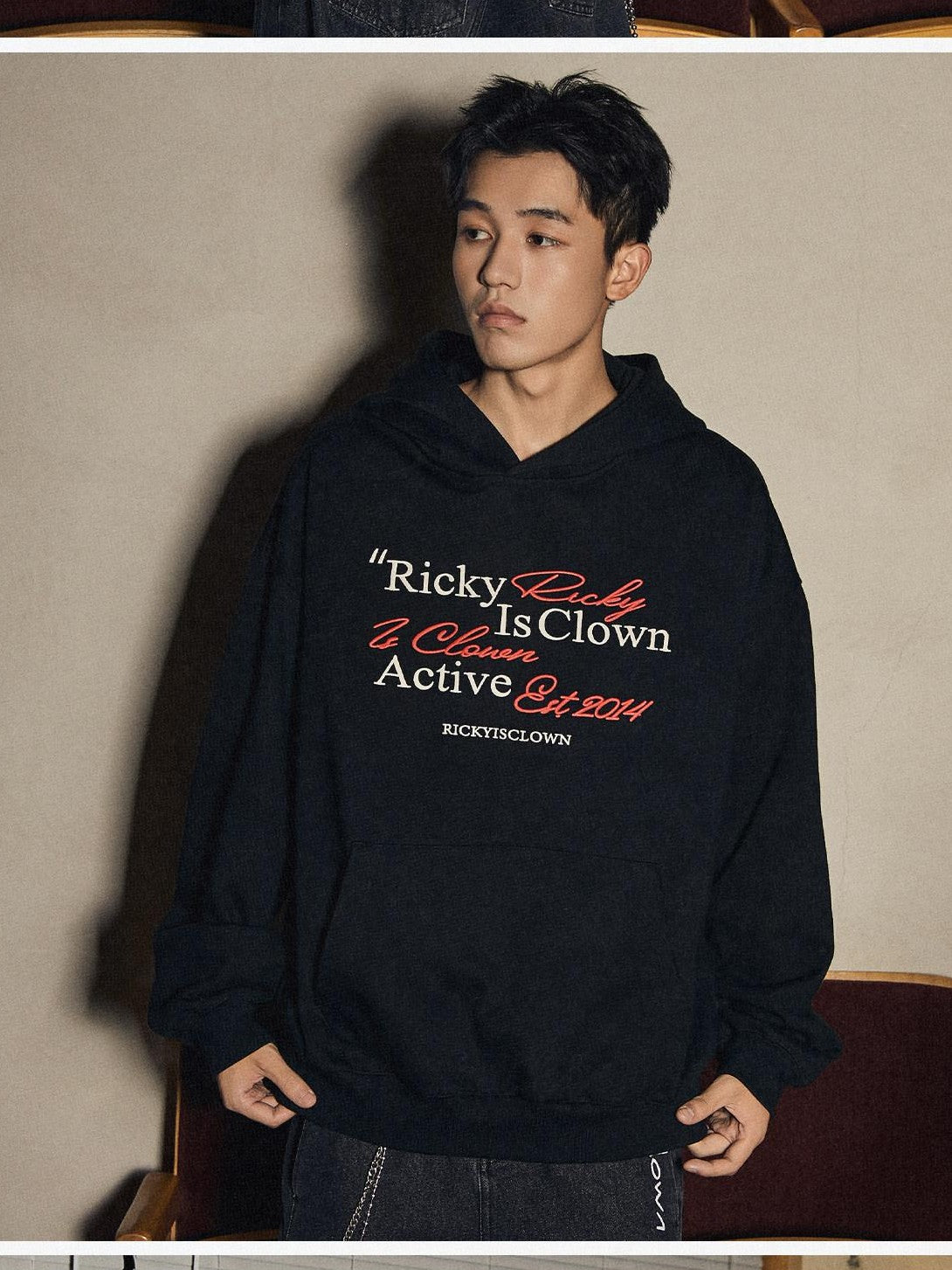 RickyisClown Heather Grey Handwritten Embroidery Hooded Men's Cotton Blend Pullover Hoodies