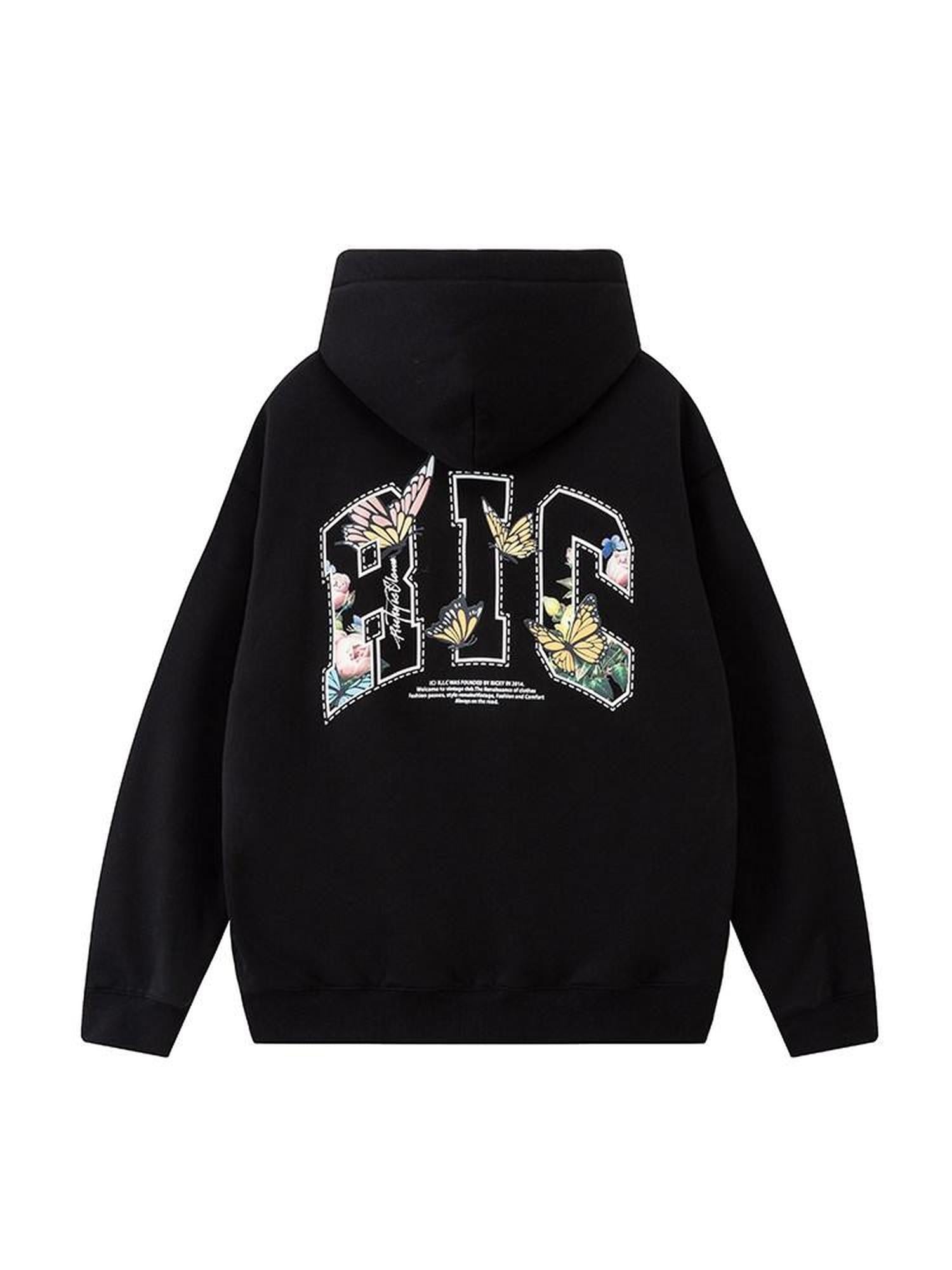 RickyisClown High Street Butterfly Embroidery Loose Fit Men's Cotton Blend Pullover Hoodies