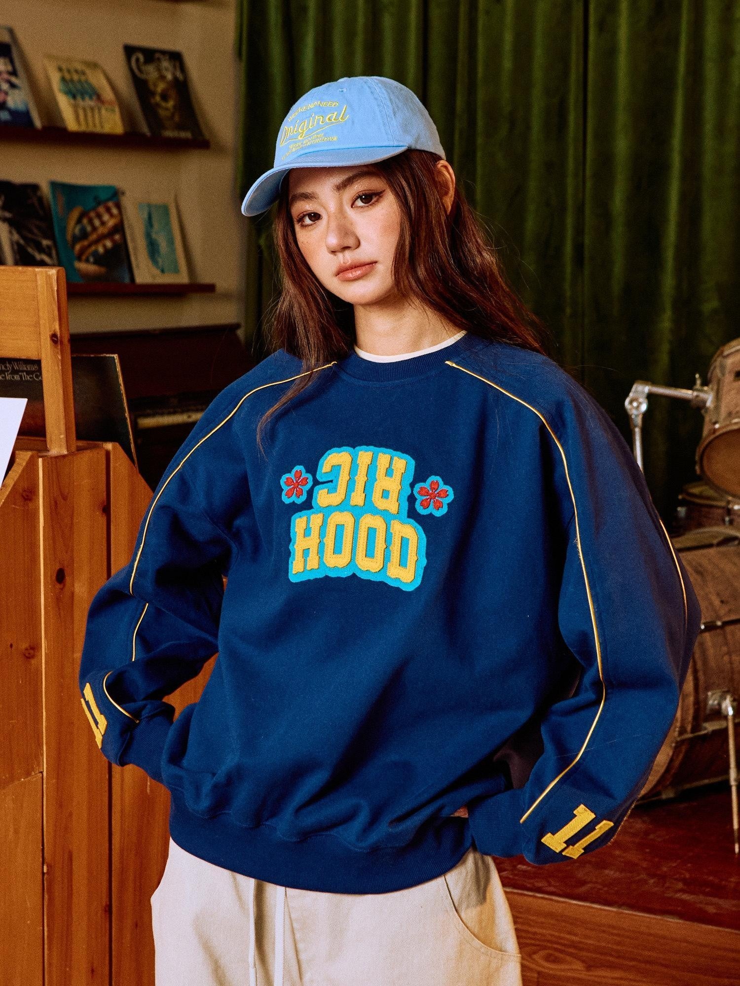 RickyisClown Inset Stripe College Crewneck Men's Cotton Blend Pullover Hoodies