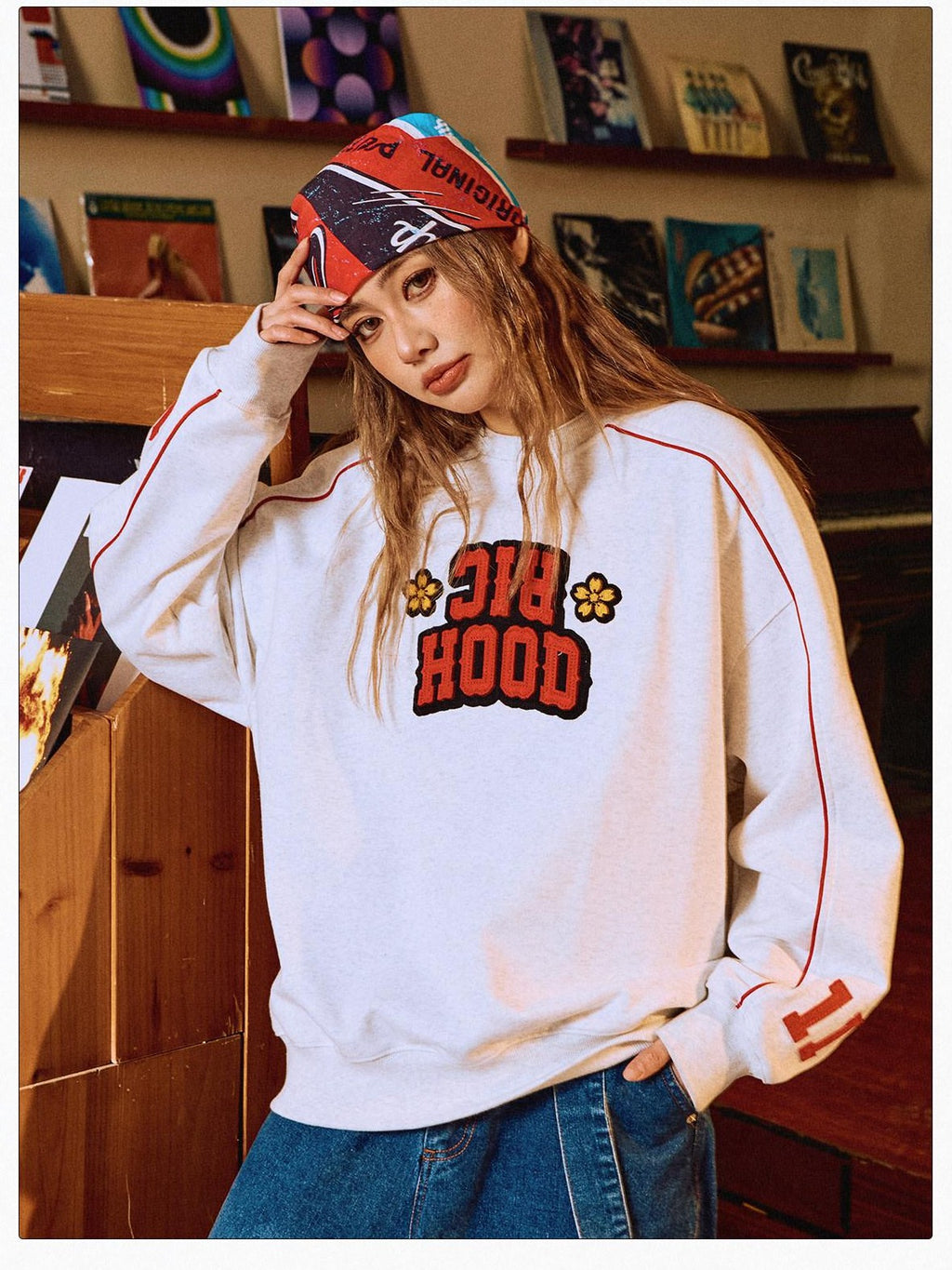 RickyisClown Inset Stripe College Crewneck Men's Cotton Blend Pullover Hoodies