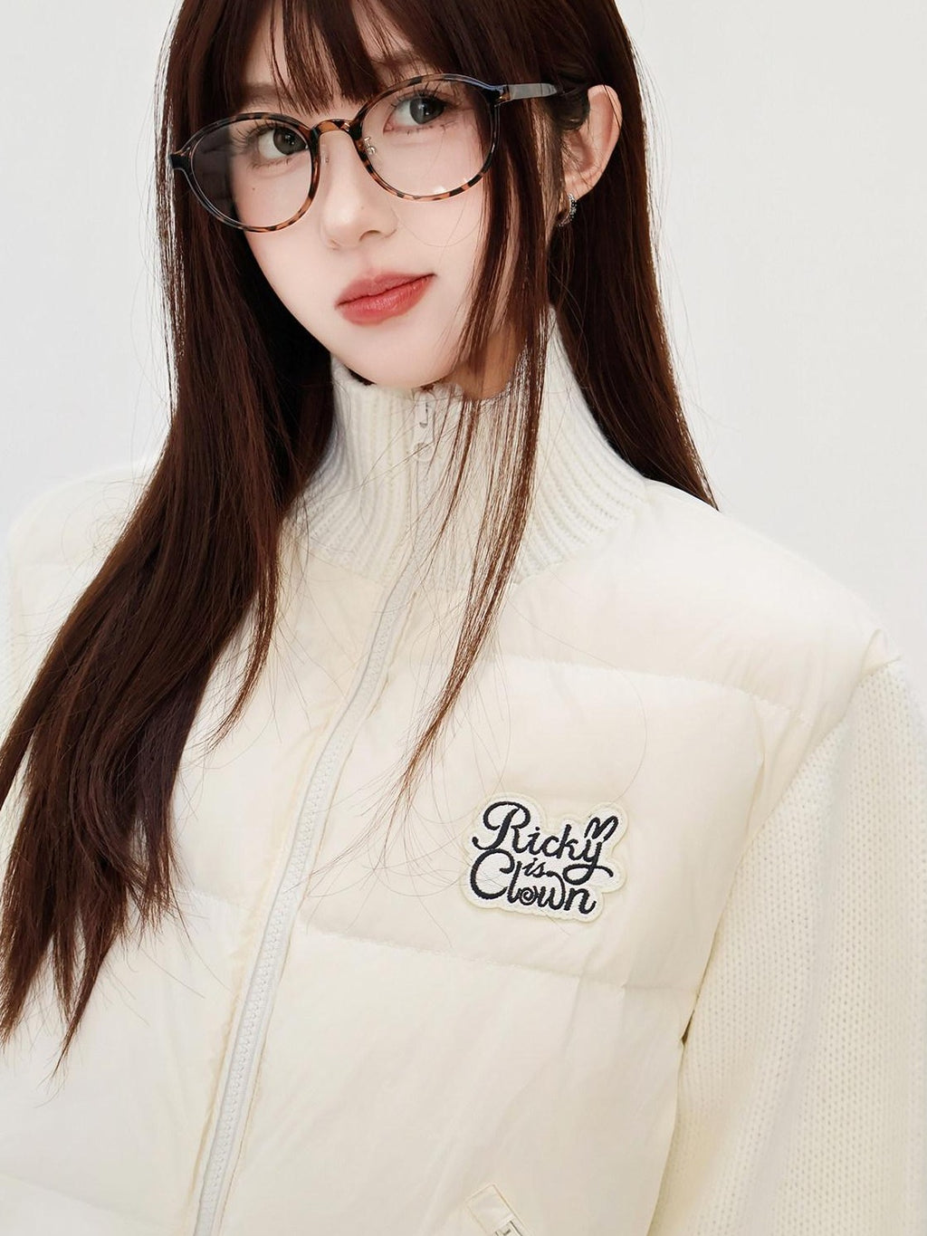 RickyisClown Ivory Letter Embroidery Spliced Knit Sleeve Men's Nylon White Duck Down Jackets