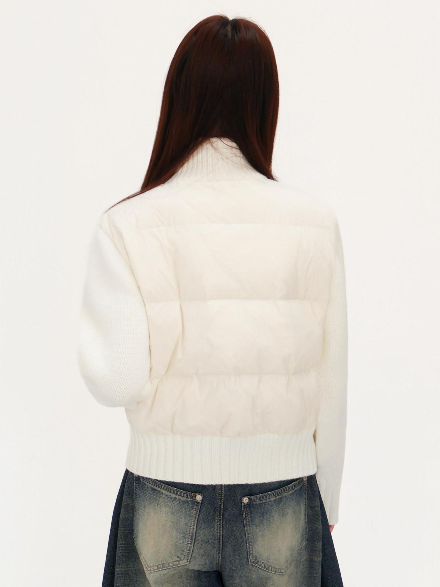 RickyisClown Ivory Letter Embroidery Spliced Knit Sleeve Men's Nylon White Duck Down Jackets