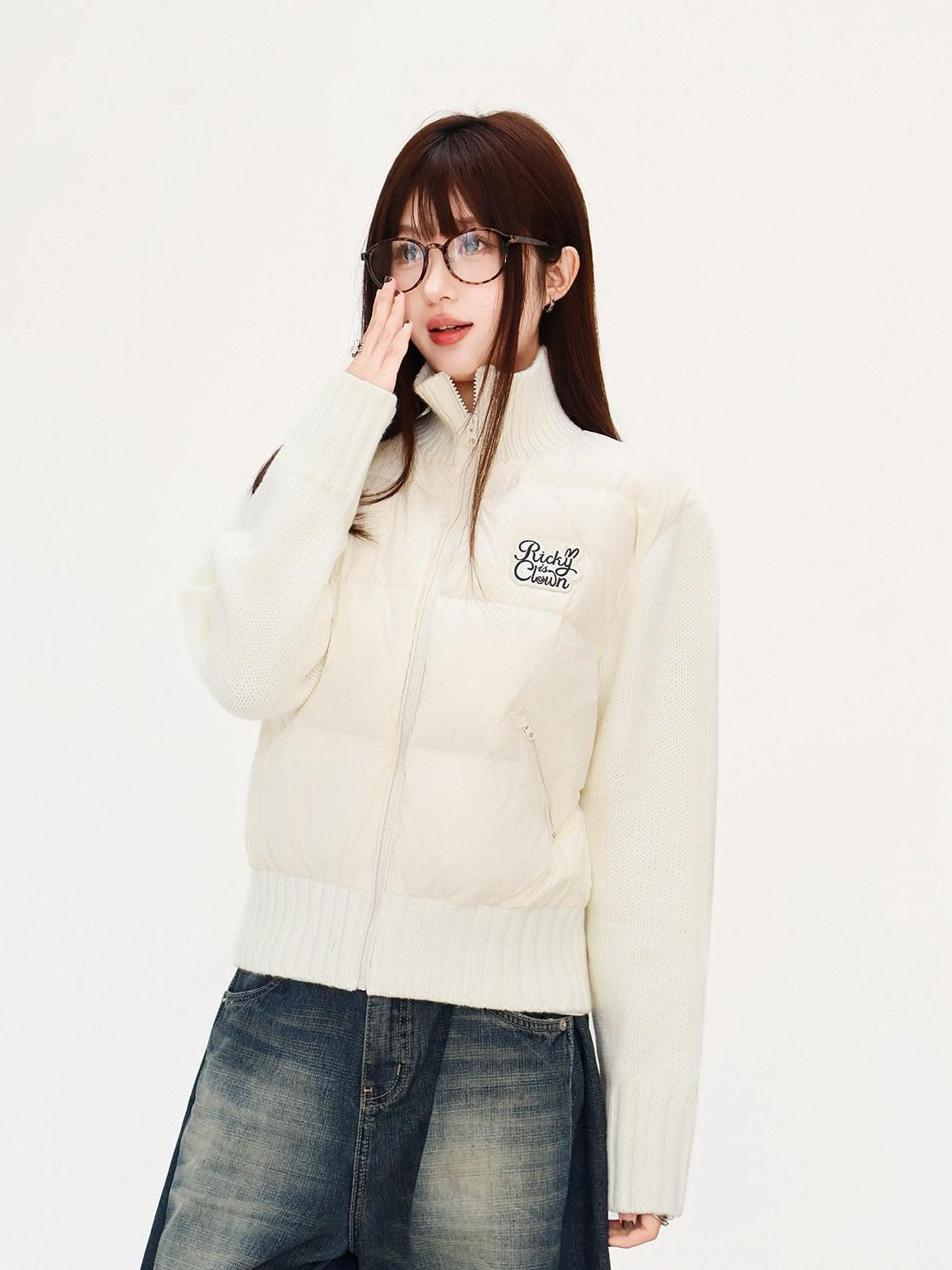 RickyisClown Ivory Letter Embroidery Spliced Knit Sleeve Men's Nylon White Duck Down Jackets