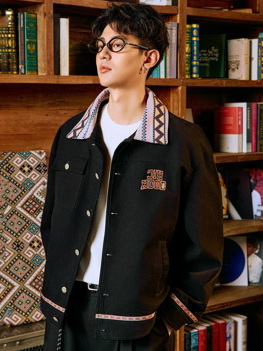 RickyisClown Khaki Colorblock Patchwork Ethnic Windproof Loose Men's Cotton Coach Jackets