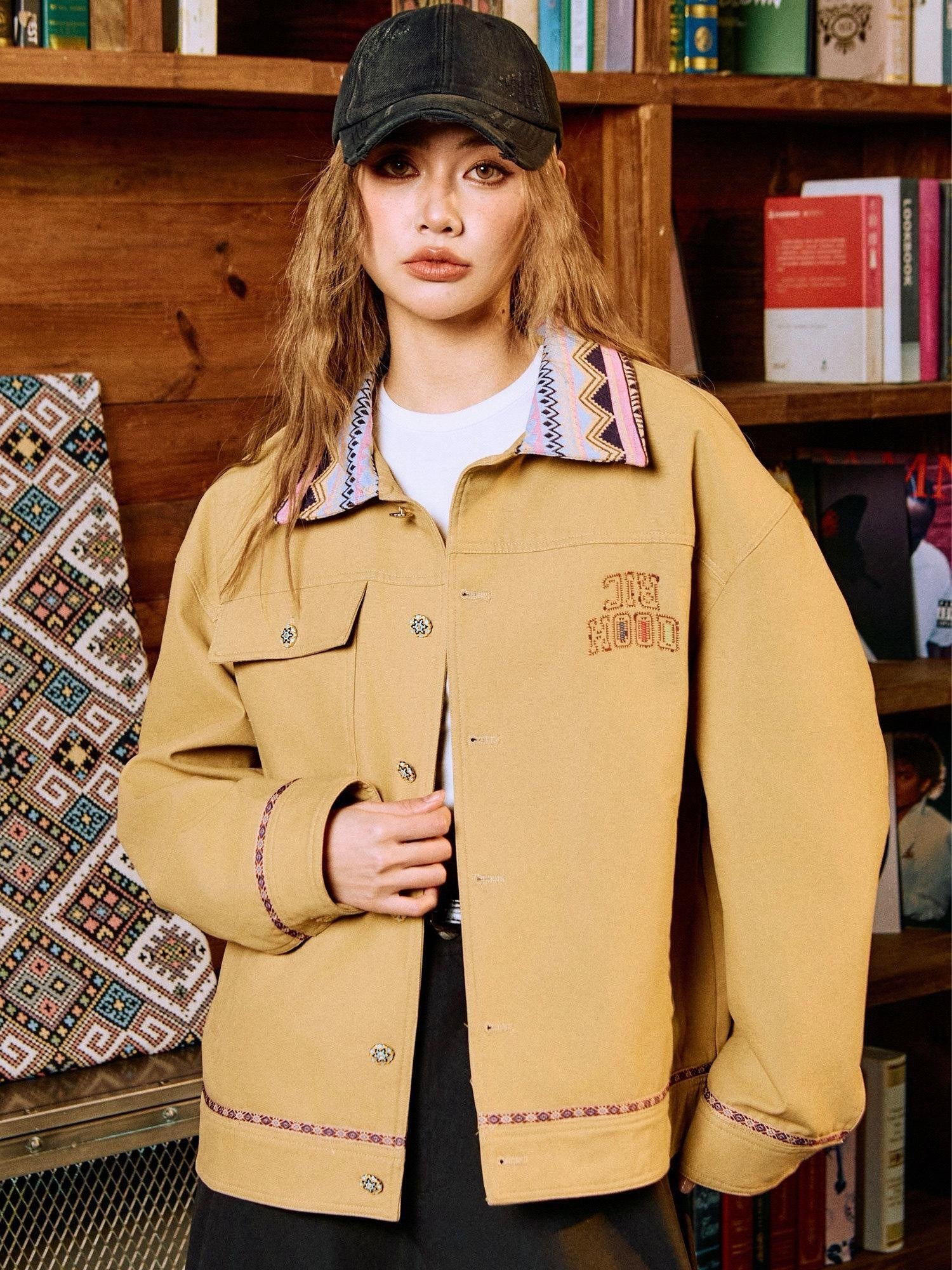 RickyisClown Khaki Colorblock Patchwork Ethnic Windproof Loose Men's Cotton Coach Jackets