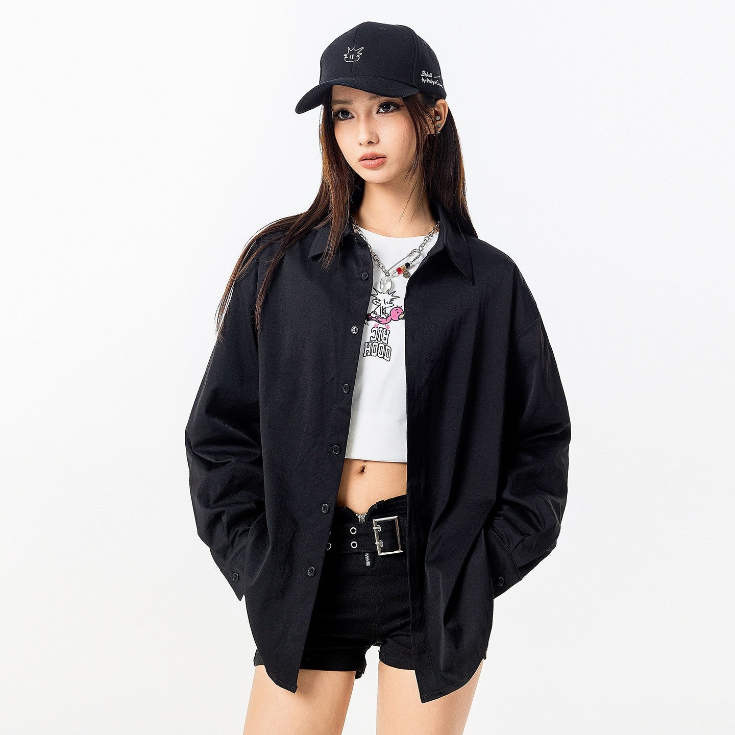 RickyisClown_Letter_Embroidery_Colorblock_Loose_Fit_Point_Collar_Men's_Polyester_Dress_Shirts_MISSTT