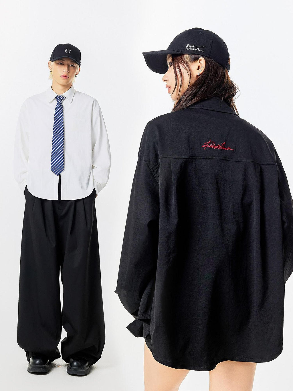 RickyisClown Letter Embroidery Colorblock Loose Fit Point Collar Men's Polyester Dress Shirts