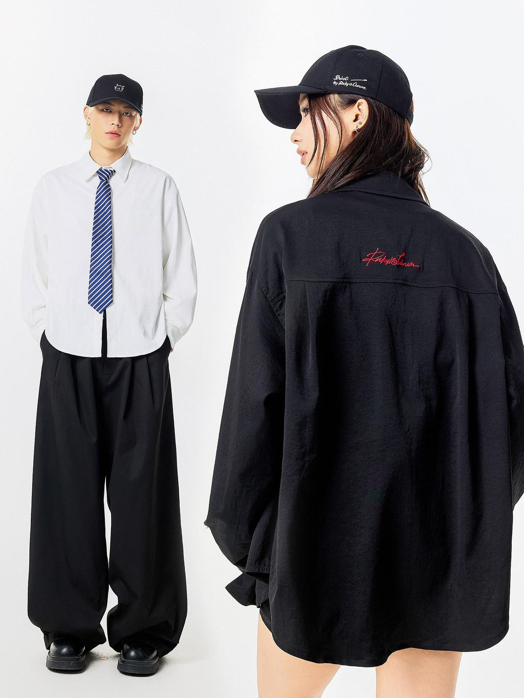 RickyisClown Letter Embroidery Loose Point Collar Long Sleeve Men's Polyester Casual Shirts